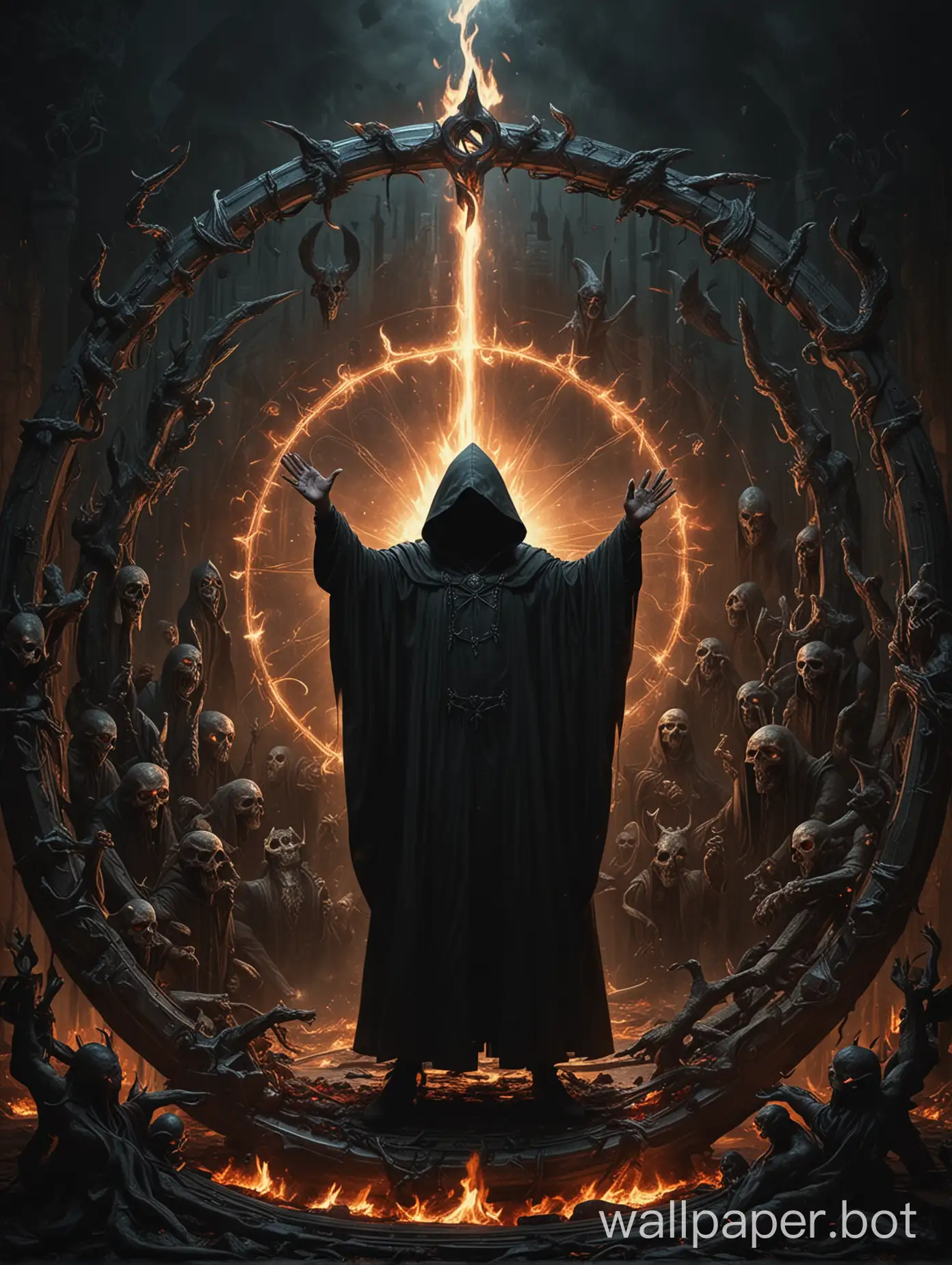 Image of a man in a hooded cloak standing in front of a circular object, holding his arms up, creatures can be seen in the background, occultist, dark metal music art, cultist, sacred flame magic, abstract occult epic composition, diablo digital concept art, album art, god of death, detailed cover artwork, king of time, the allfather, dark soul concept

