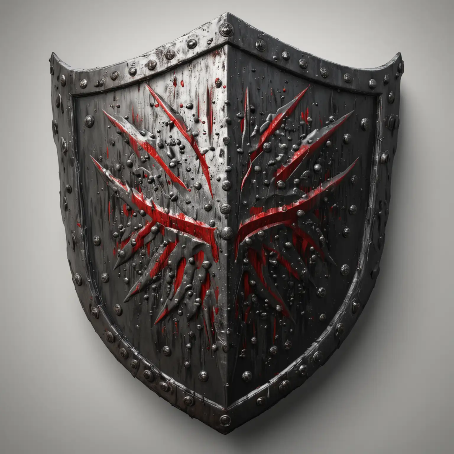 боевой стальной щит, чёрно красный,  шипы, реалистичный, фэнтези, на белом фоне