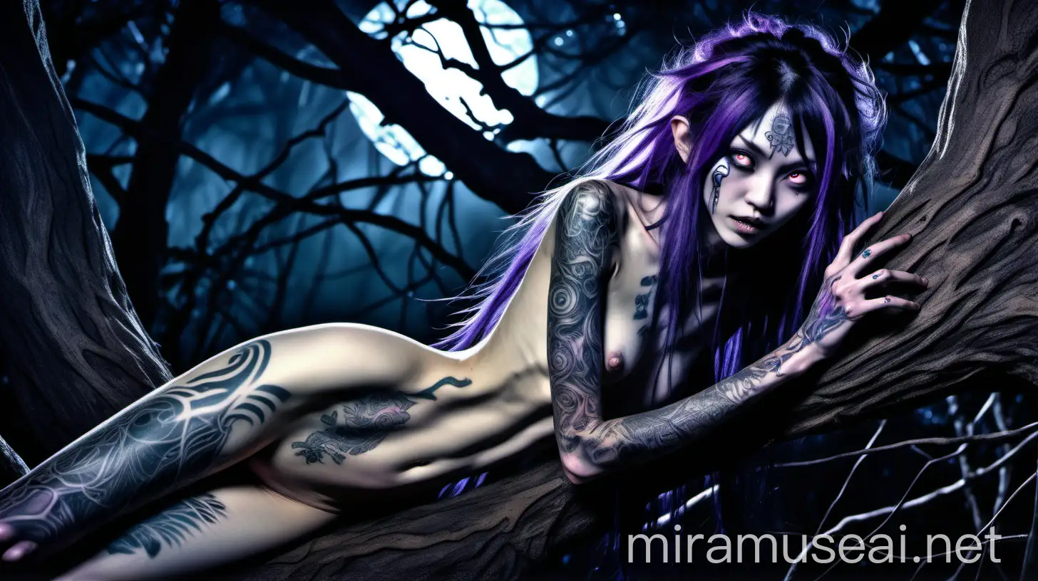 Сильно тощая очень высокая инопланетная японская девушка 35-ти лет, с очень длинными растрёпанными волосами, с яркими демоническими глазами, с длинными клыками, с кожей сиреневого цвета, с чёрными татуировками узорами на теле, обнажённая, лежит на ветке огромного дерева, в тёмных ночных синих инопланетных джунглях Пандоры