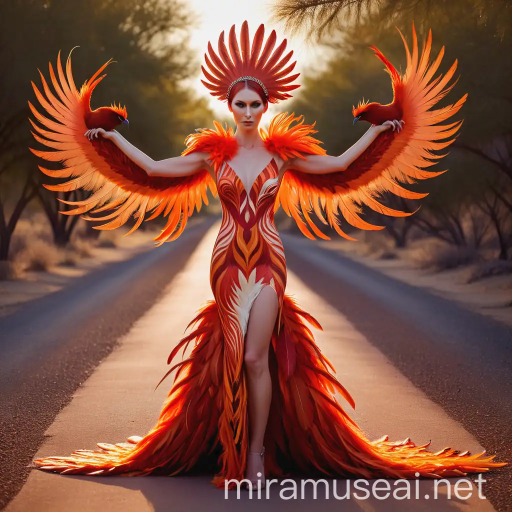 Fiery Phoenix Woman in Regal Feather Dress