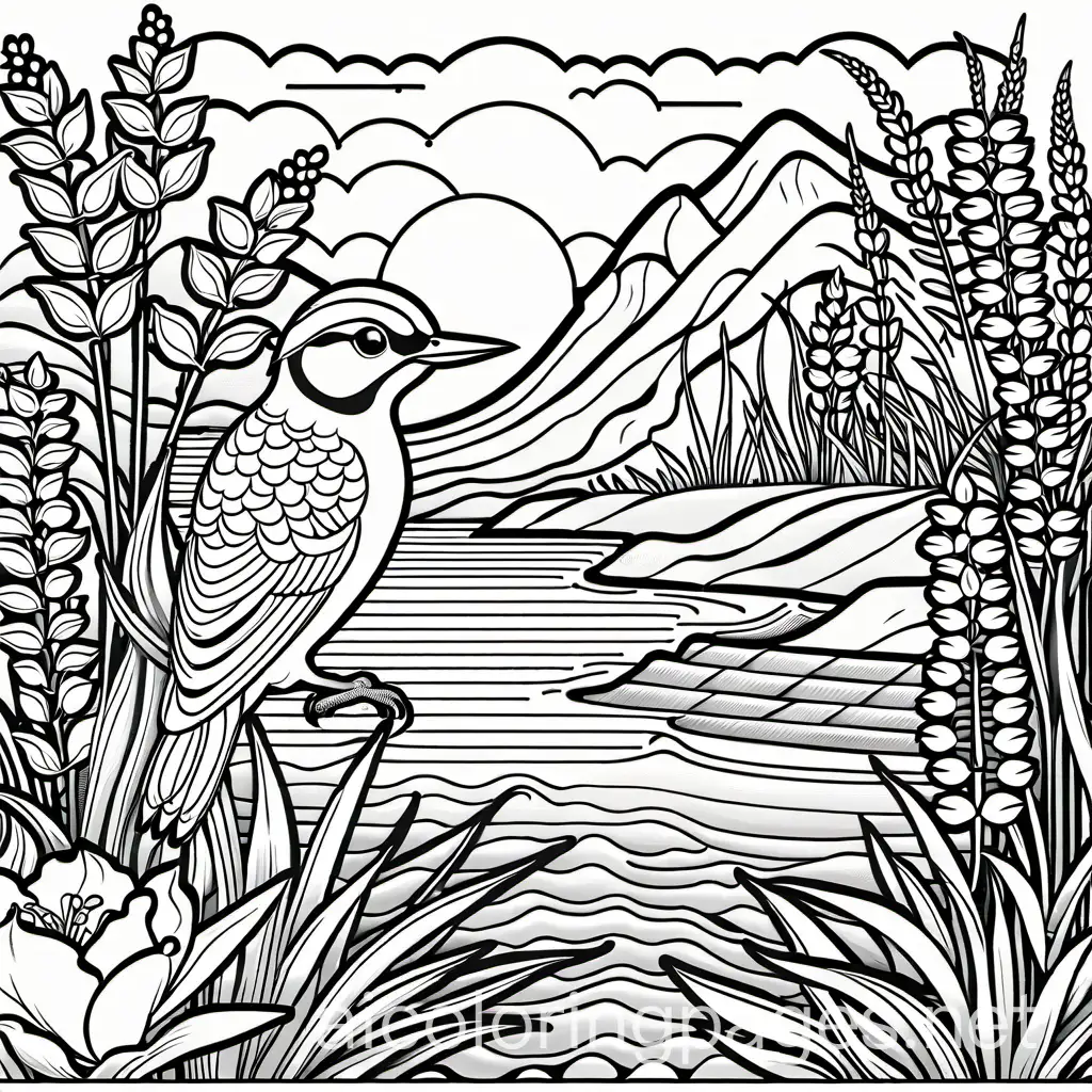 Woodpecker-and-Flowers-Coloring-Page-Iris-Lavender-Daisy-Orchid-Tulips-and-Roses