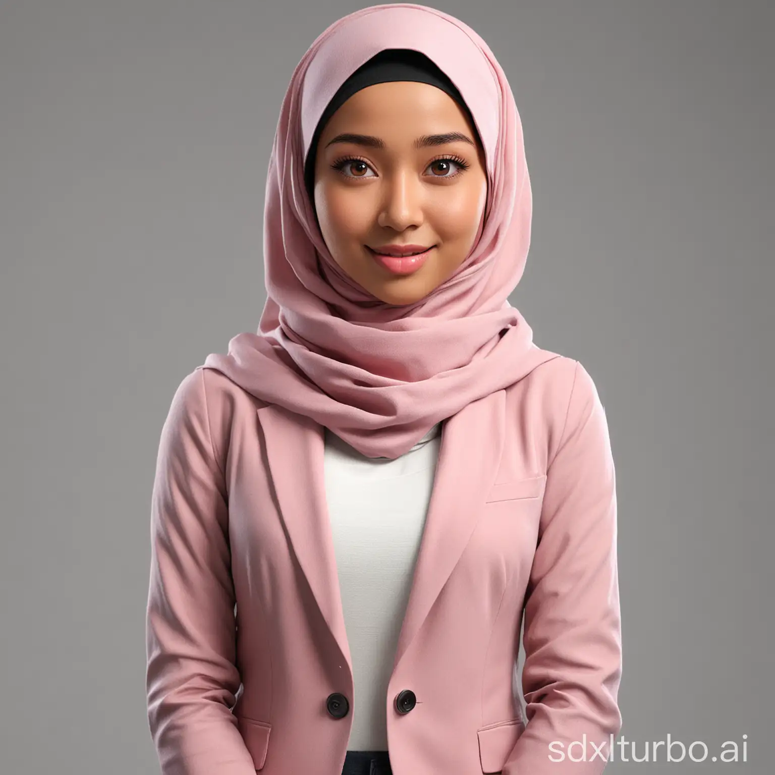 Create a full 3D cartoon style body with a big head. A 25 year old Indonesian woman. Tall, slightly full body, oval face shape. beautiful, slightly round eyes, clean white skin, thin sweet smile. wearing a hijab, pink blazer, white undershirt, body position clearly visible. The background is solid white. Use soft photography lighting, hair lighting, top lighting, side lighting. Highest quality photos, Uhd,16k
