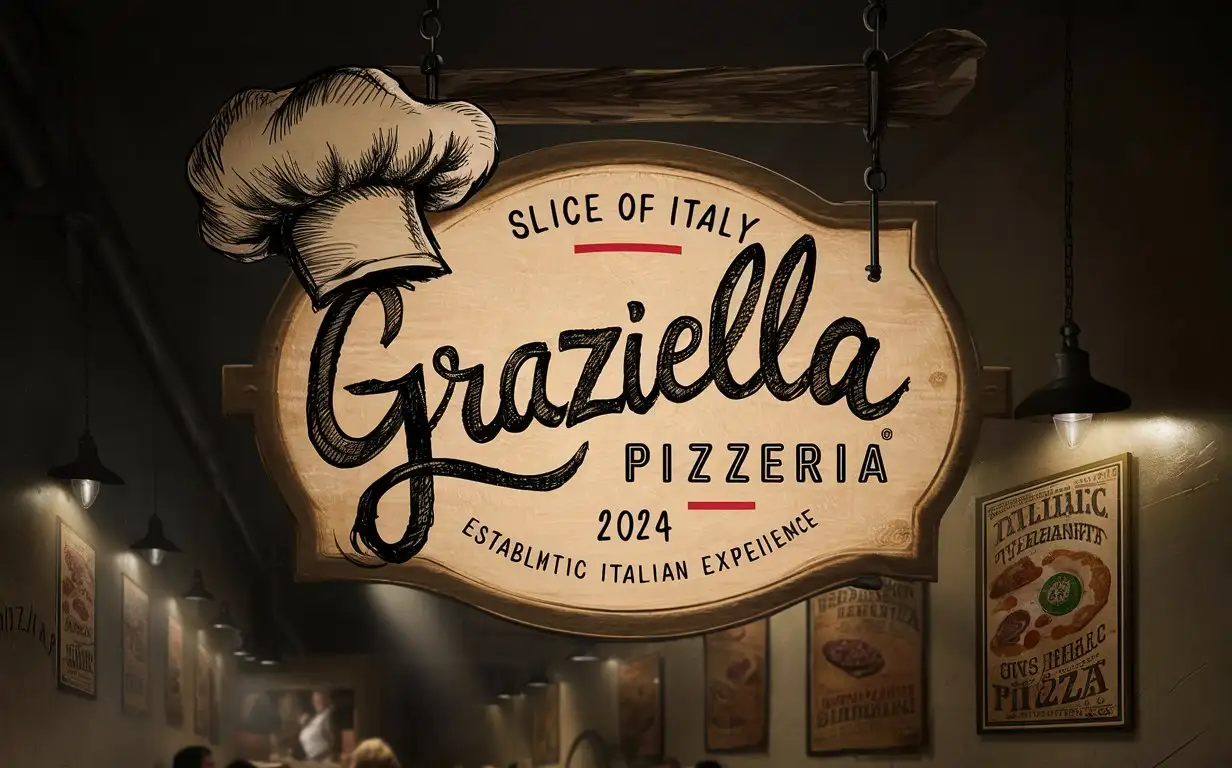 Handwriting Graziella Pizzeria logo, Italian colors ,Sketched chef's Hat, Slogan, Slice of Italy, EST 2024, Cozy restaurant atmosphere, Night, Chill, Warm