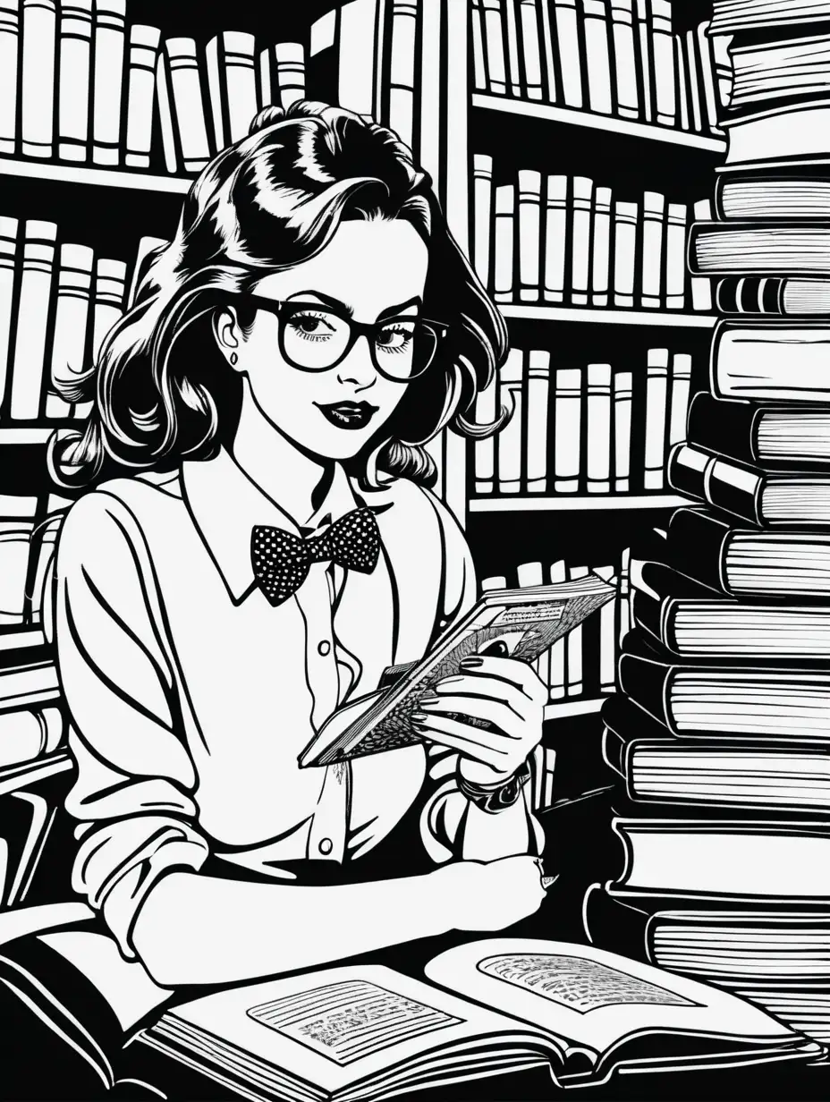 Whimsical Black and White Illustration Woman Sitting on Books with Glasses