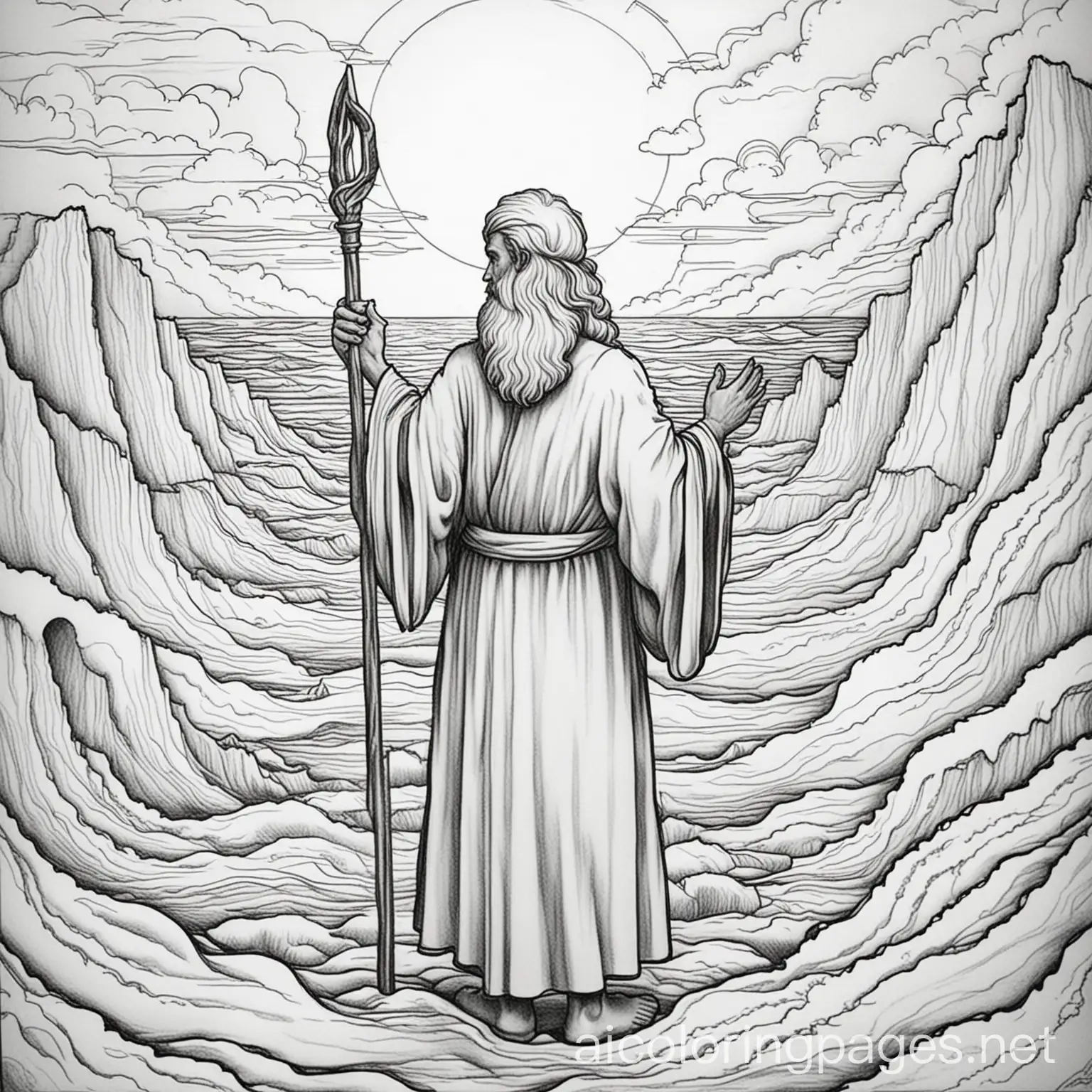 Title: Moses Parting the Red Sea  Create a black and white basic line drawing for young children to be able to color. Background: Start with a wide, horizontally oriented page. Depict a large body of water (the Red Sea) with a dry path in the middle. Moses: Draw Moses in the center of the page. He should be an older man with a long beard, wearing traditional ancient robes. He should be holding a staff in his right hand.  Miracle Scene: draw the waters parting with sea animals in the walls of water. Nature Elements: Include clouds in the sky to give depth to the scene.  Coloring Details: Use outlines so that children can color the image., Coloring Page, black and white, line art, white background, Simplicity, Ample White Space. The background of the coloring page is plain white to make it easy for young children to color within the lines. The outlines of all the subjects are easy to distinguish, making it simple for kids to color without too much difficulty