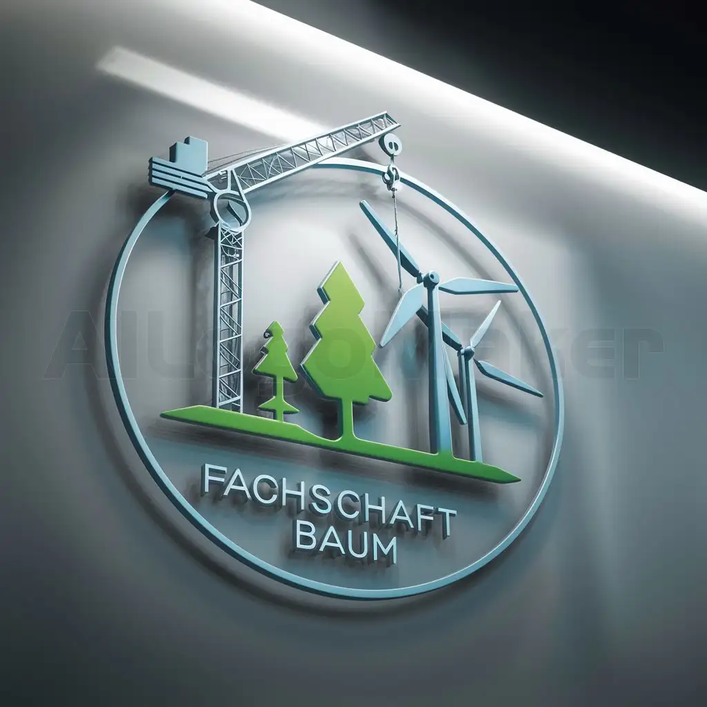 a logo design,with the text "Fachschaft BaUm", main symbol:The round logo should show how a crane erects a wind turbine and a tree. It should use a primary and secondary color and have the logo name in the circular border. Create the logos so they can be printed on shirts and in the top view.,complex,be used in Technology industry,clear background