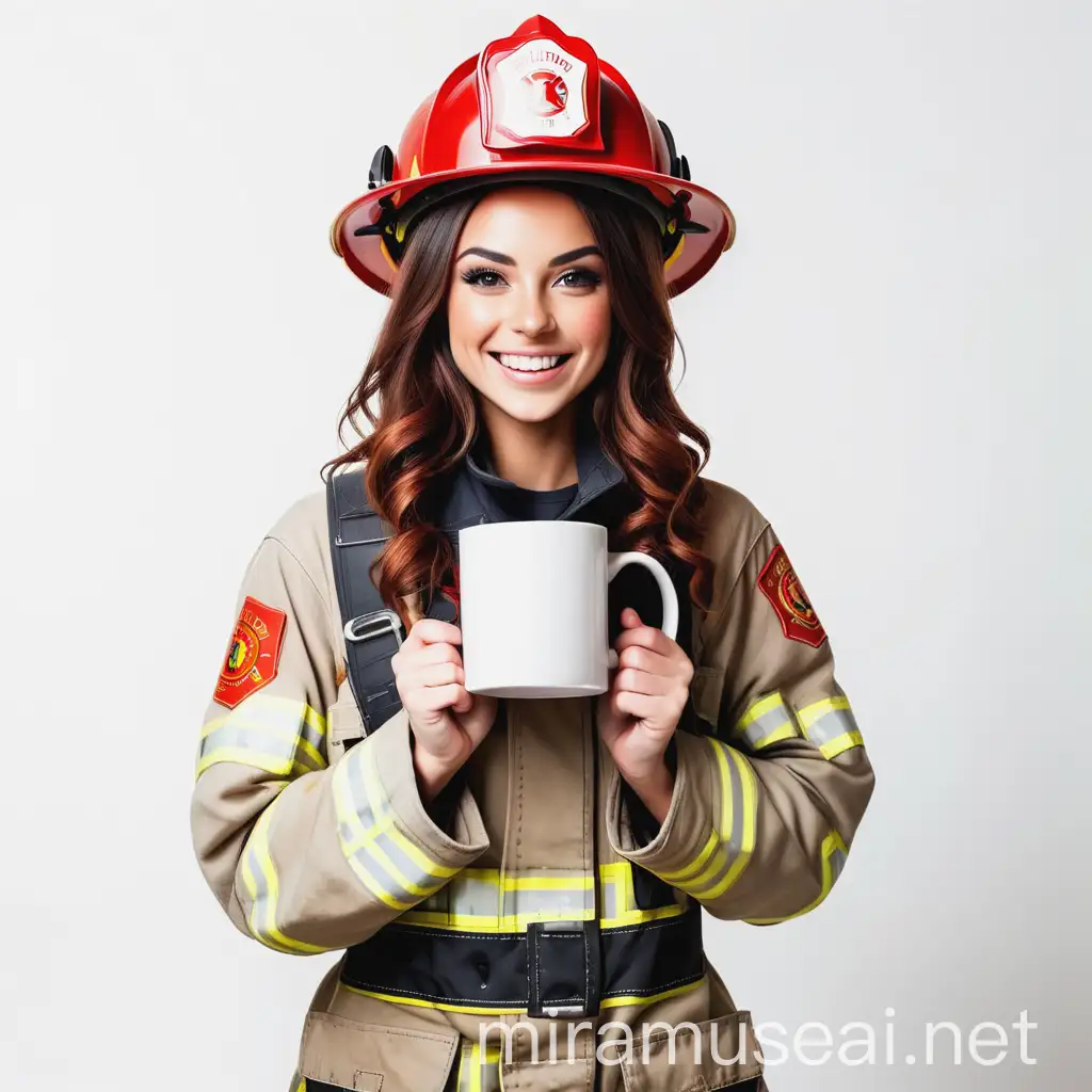 beautiful sexy girl firefighter smiling with square white mug on white background