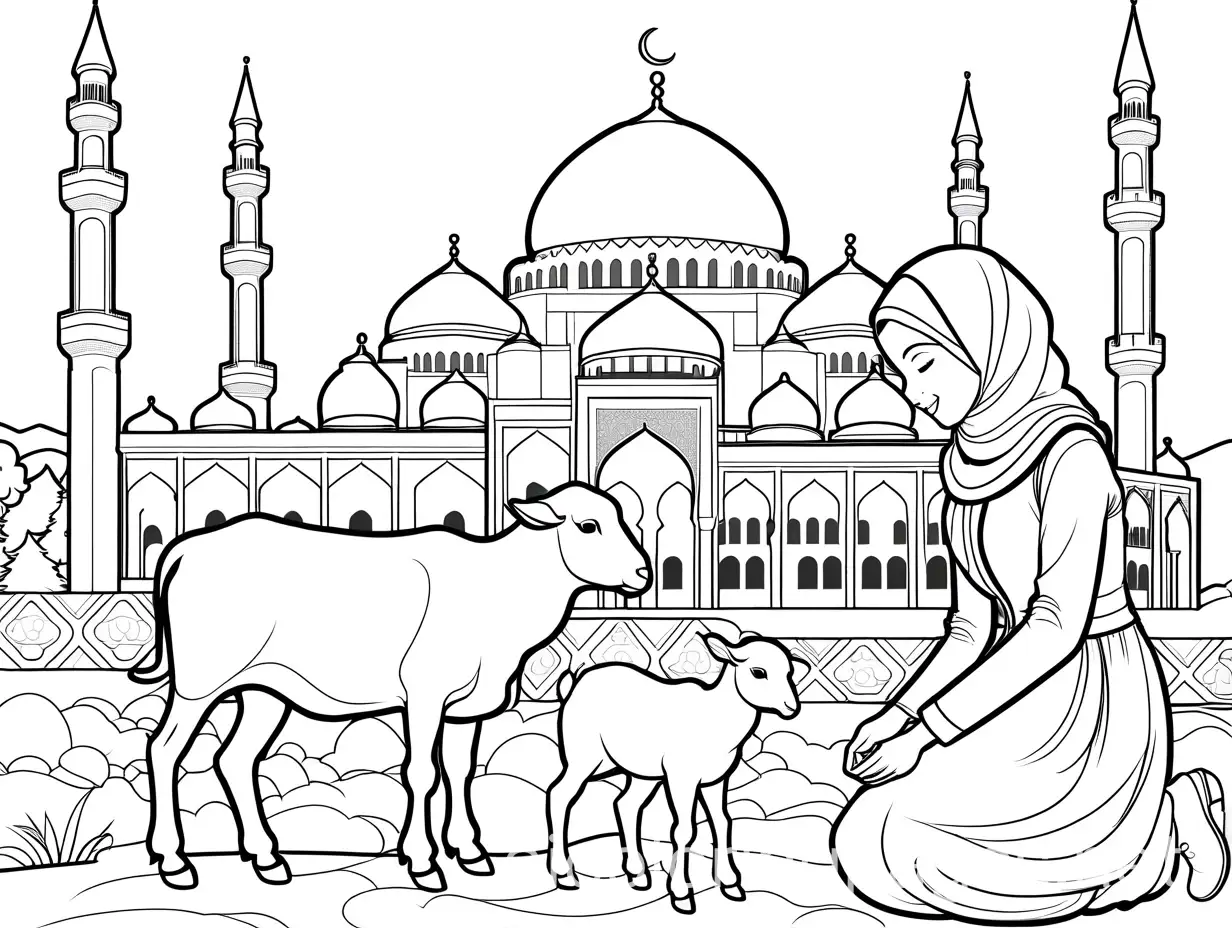 An Islamic girl with hijab. Petting a little lamb. Mosque in the background. Cute style. Nice quality. Detailed., Coloring Page, black and white, line art, white background, Simplicity, Ample White Space. The background of the coloring page is plain white to make it easy for young children to color within the lines. The outlines of all the subjects are easy to distinguish, making it simple for kids to color without too much difficulty