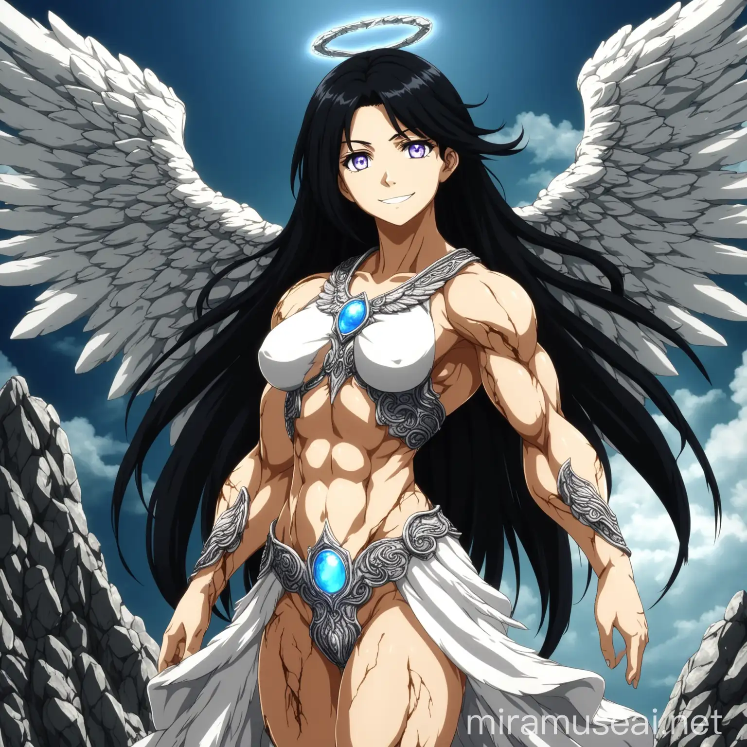 a female angel made of stone, she has stone angel wings, she is muscular, her skin is real rock with mineral veins even in face, she has wild black hair, she has white lumionus eyes. she has a smile on her face. in anime