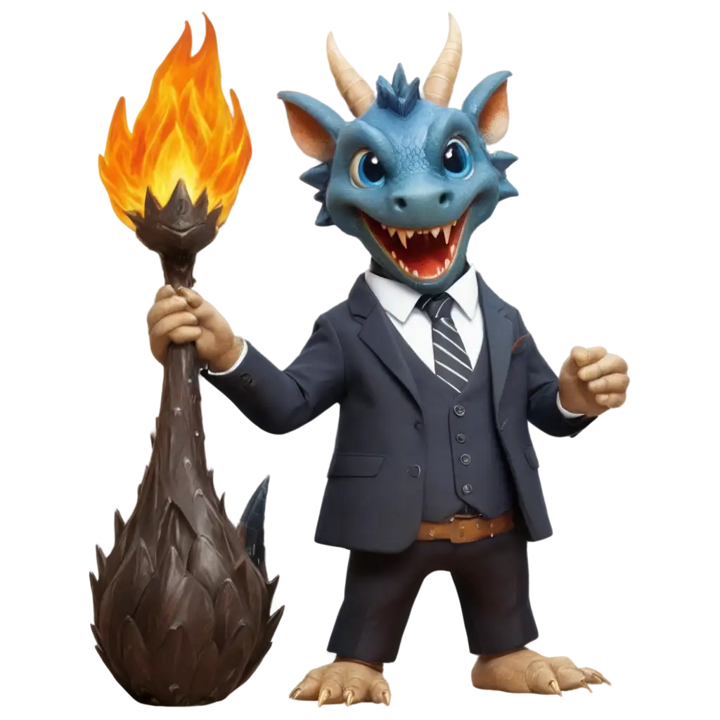 dragon with blue eyes wearing a suit and throw a fire