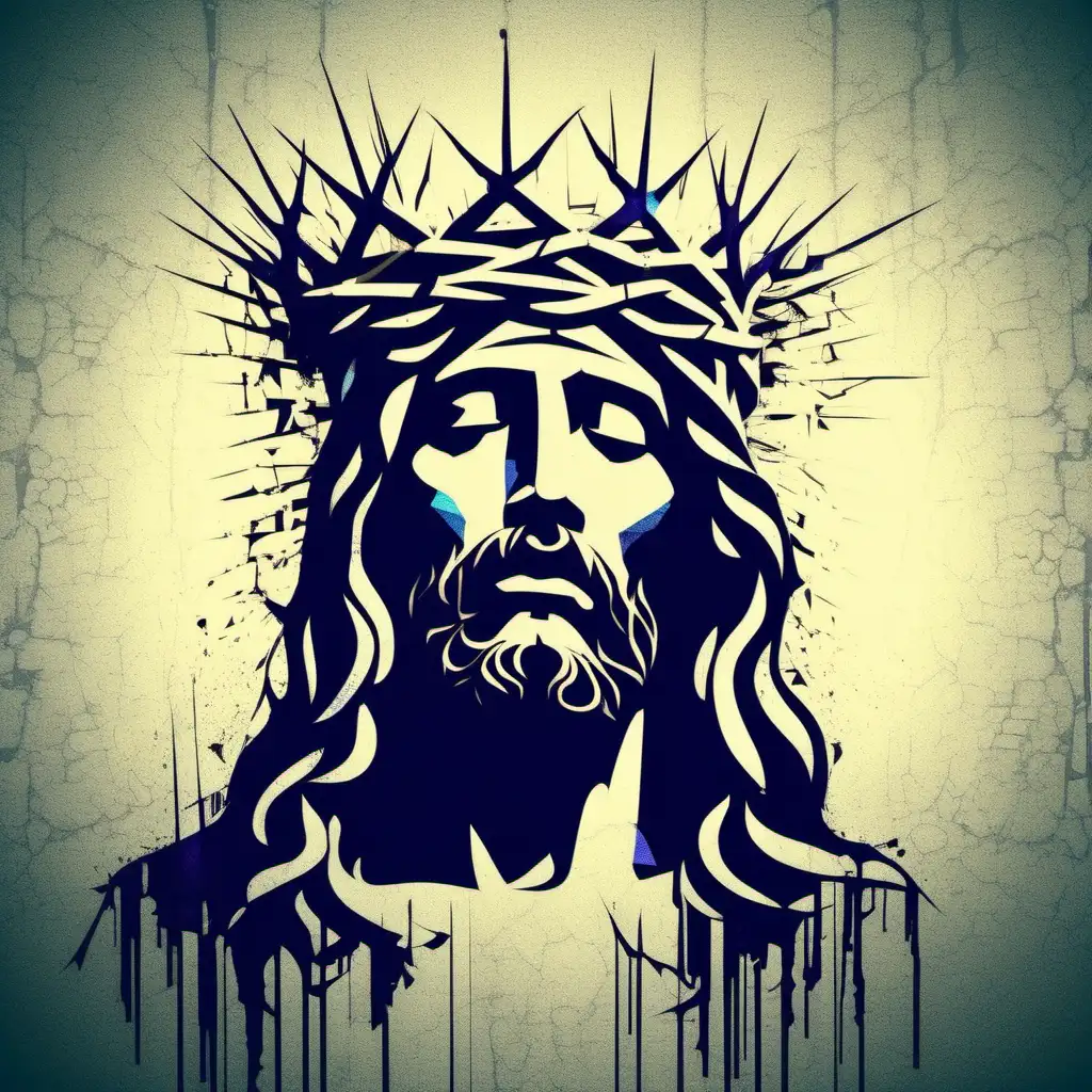 Jesus Christ face illustration with crown of thorns, digital glitching style, stencil graffiti style