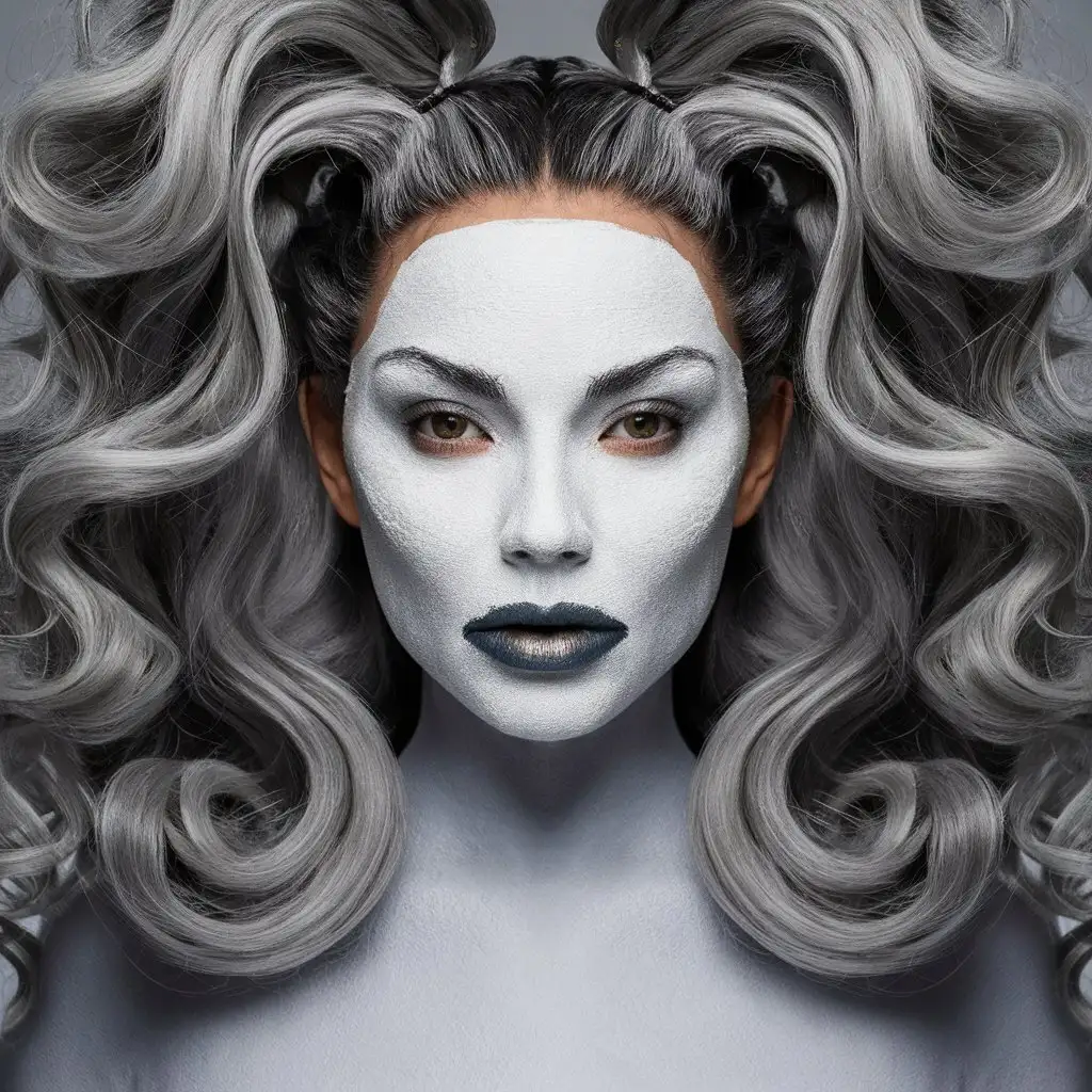 Ethereal-Girl-with-Intricate-White-Body-Art-and-Voluminous-Grey-Wavy-Hair