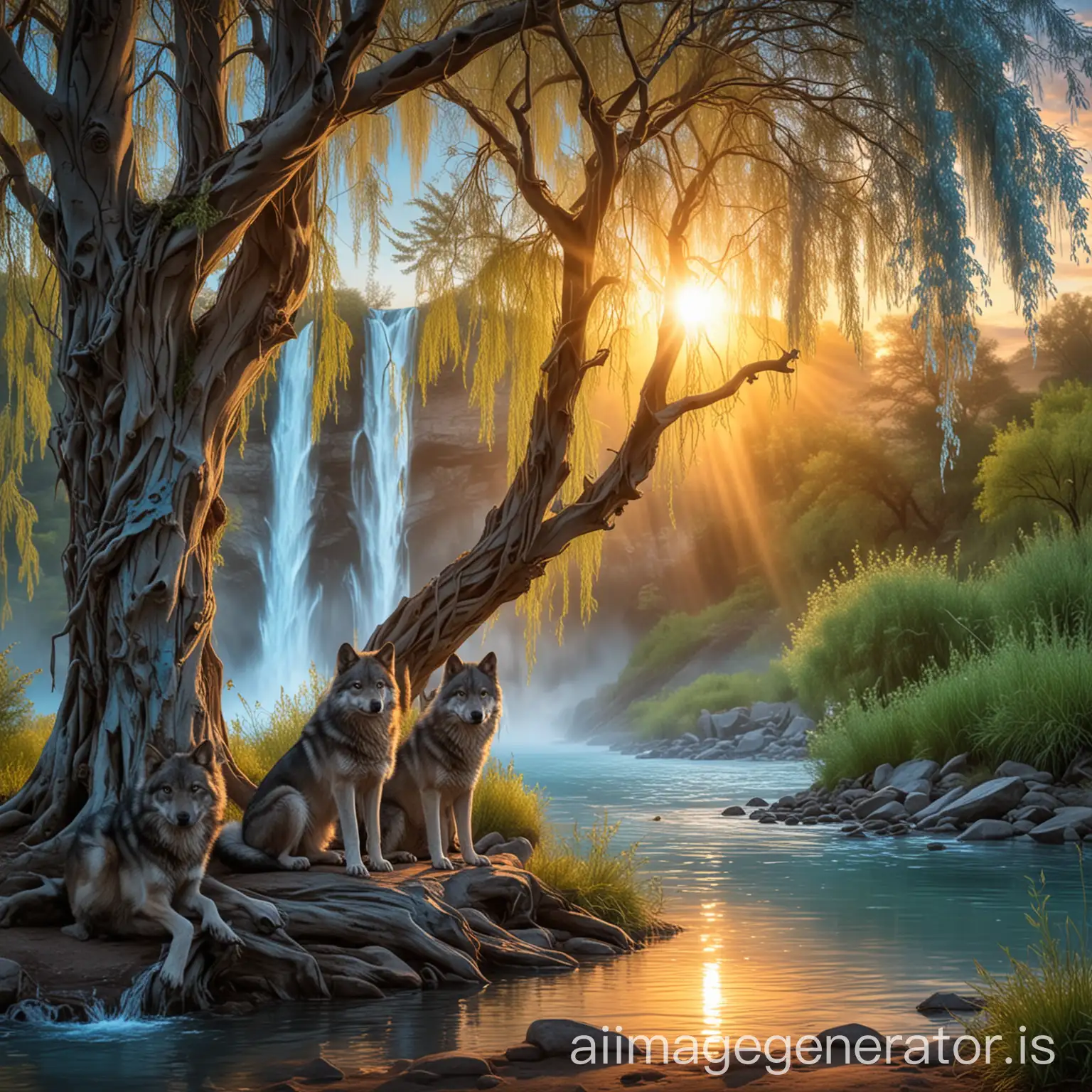 Two wolves sitting under a willow tree staring out at the beautiful baby blue waterfall reflecting the sunrise 
