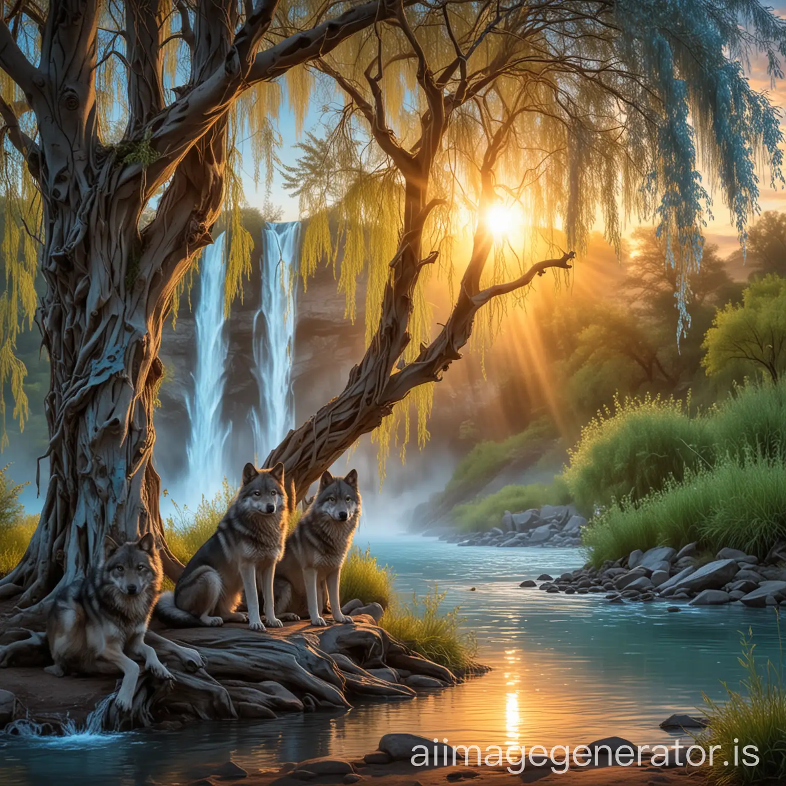 Two wolves sitting under a willow tree staring out at the beautiful baby blue waterfall reflecting the sunrise