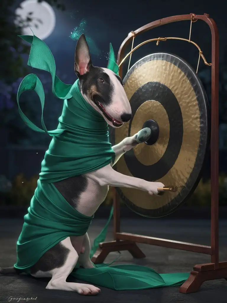 A slender bull terrier, with its head and body wrapped in green cloth, its face exposed, is playing a gong.