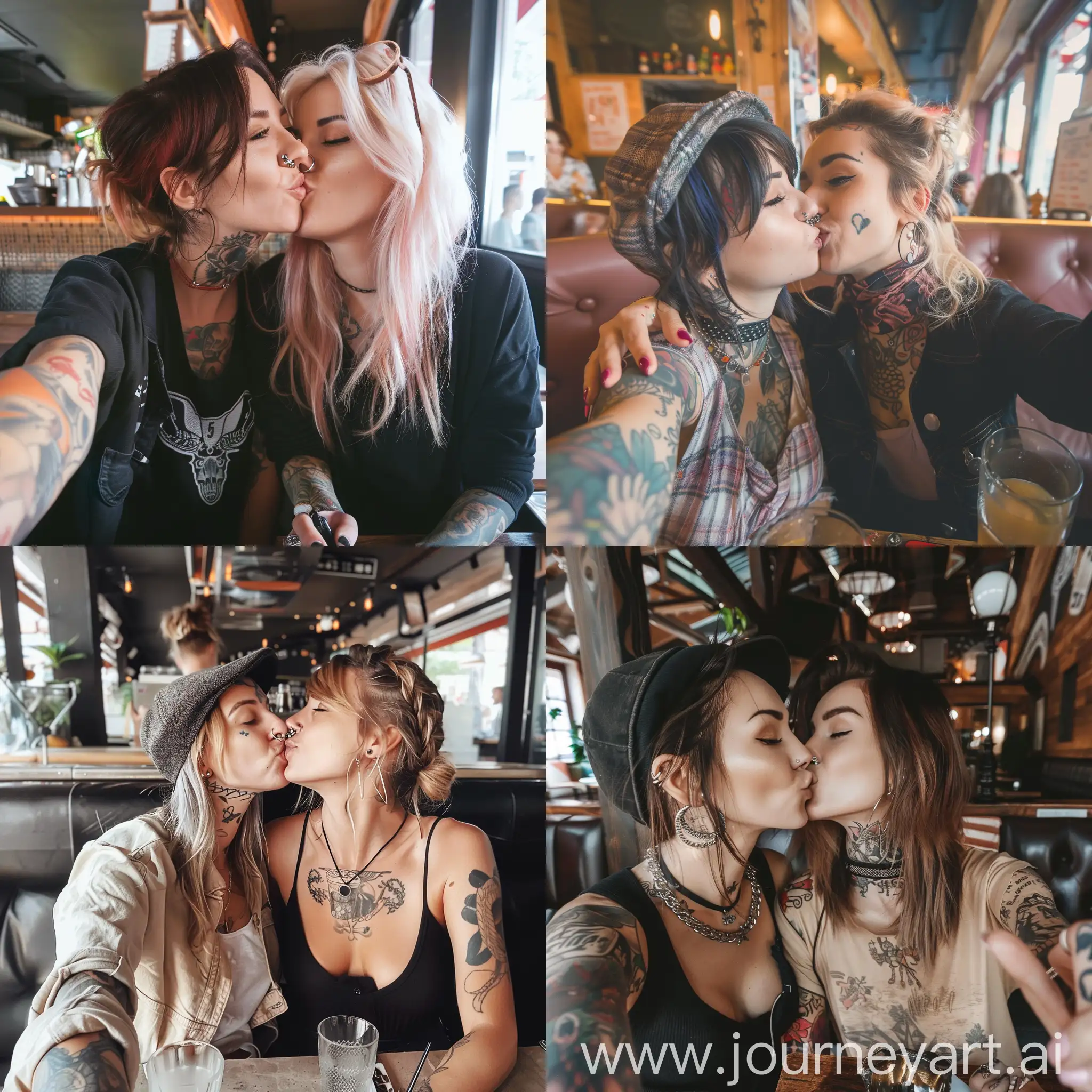 Cute-Female-Couple-Taking-Selfie-at-Restaurant-Fun-Moments-in-Hipster-Style