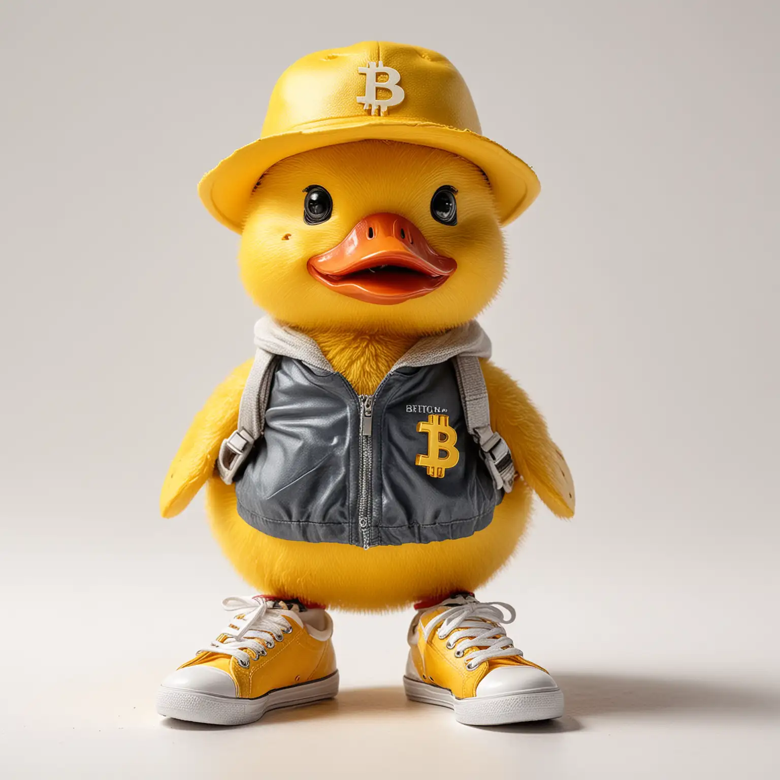 Bitcoin Yellow Duck Wearing Hat and Sneakers on White Background
