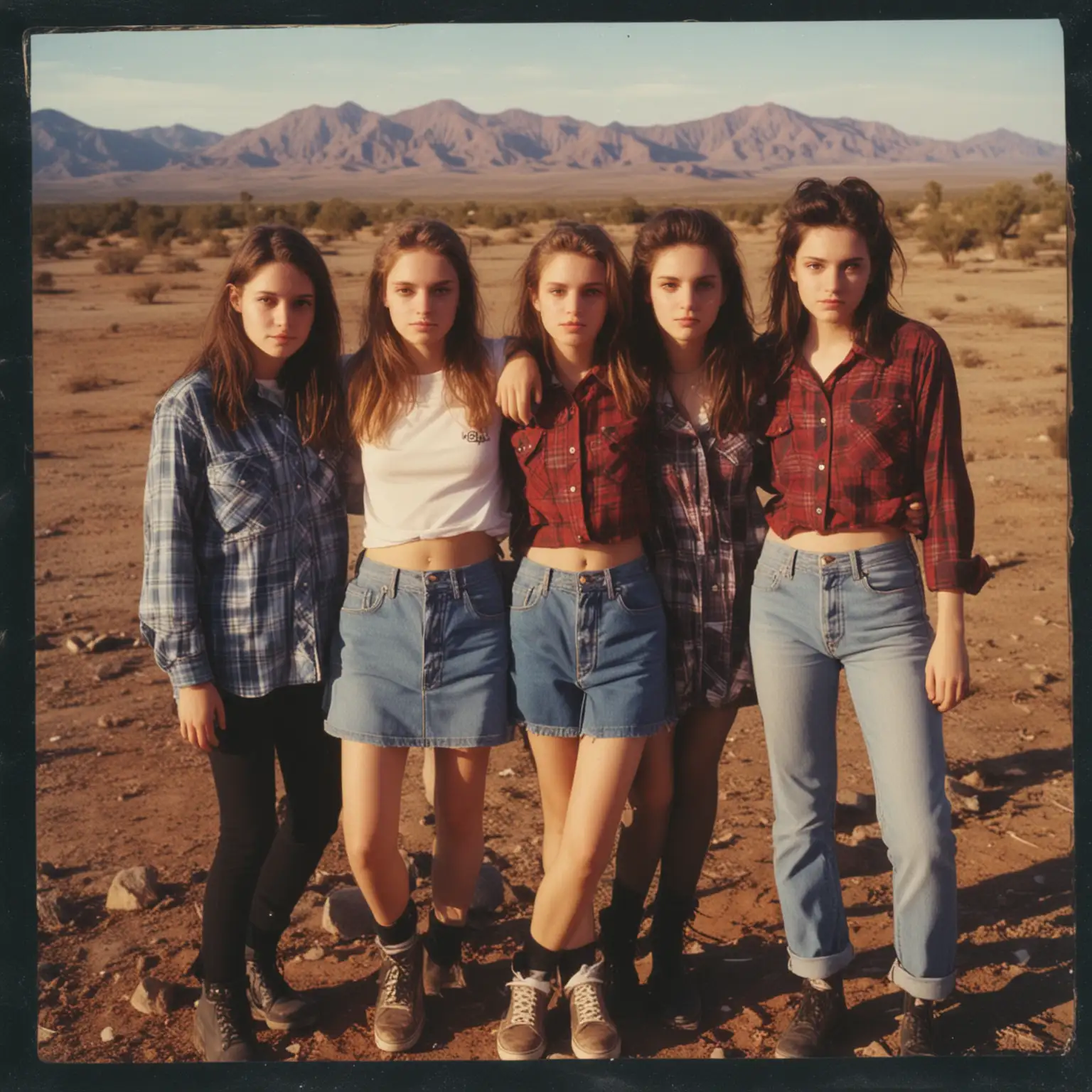 Polaroid picture, teenage girls, flannels shirts, desert, 90's, grunge music, grunge style, album cover.
