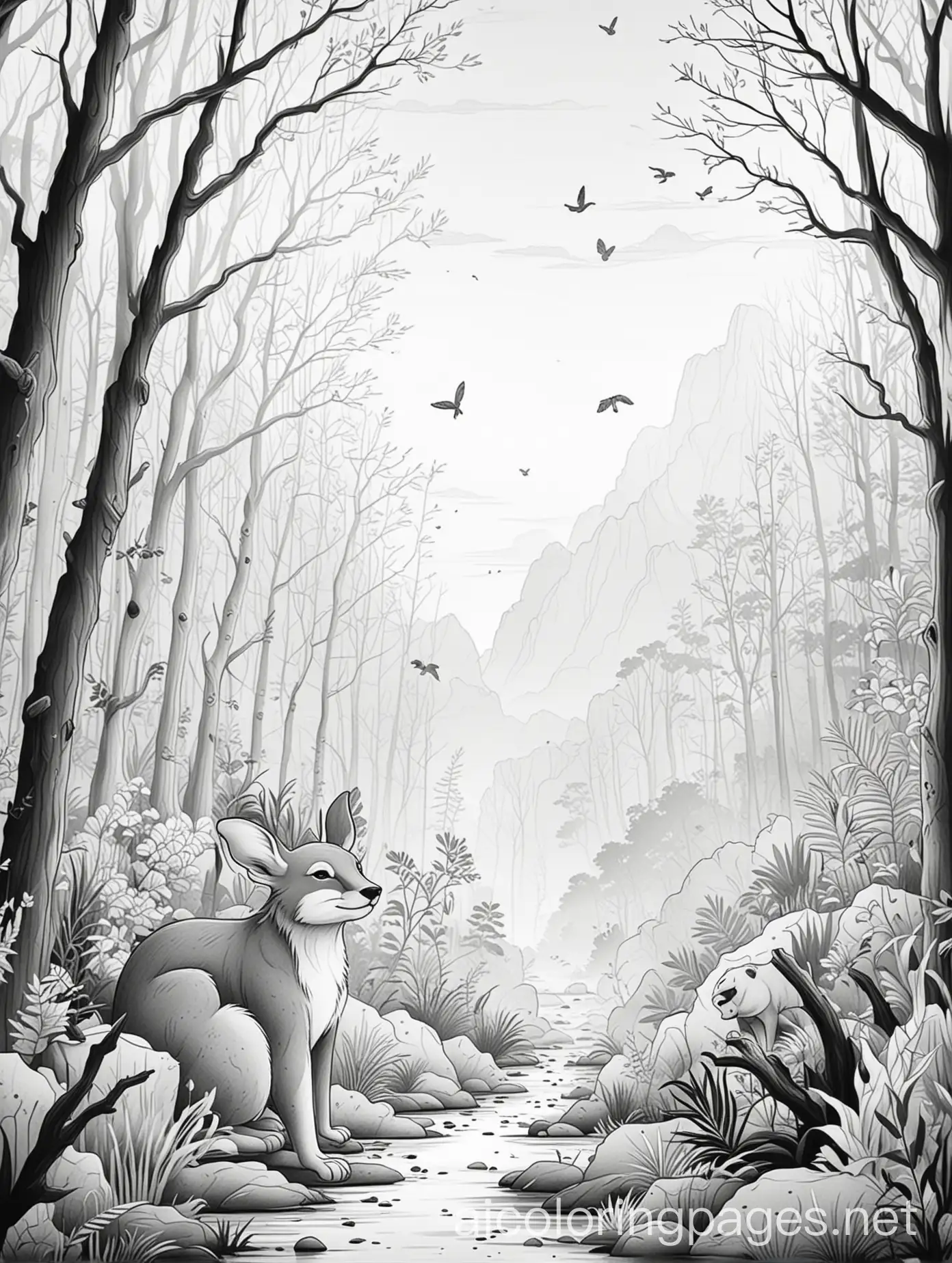 cute little cartoon style wild life, smoky and haze surroundings, Coloring Page, black and white, line art, white background, Simplicity, Ample White Space. The background of the coloring page is plain white to make it easy for young children to color within the lines. The outlines of all the subjects are easy to distinguish, making it simple for kids to color without too much difficulty