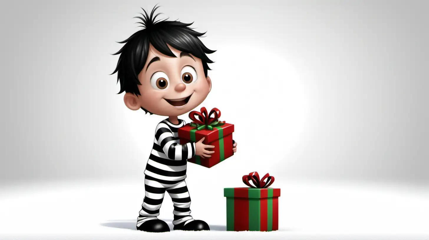 Cheerful Cartoon Boy in Striped Black and White Pajamas Receiving a Christmas Gift
