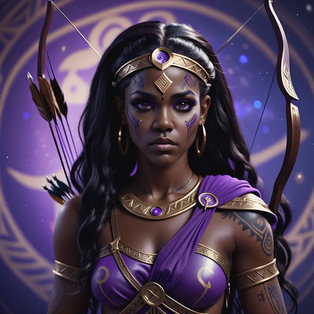 a cinematic shot of a dark-skinned black woman wearing a god-like Greek costume that represents the horoscope of Sagittarius, with bow and arrow symbolism, violet colors in the background, realistic long black hair with dark highlights, and some tattoos, Ultra 4k, with beautiful flawless brown skin