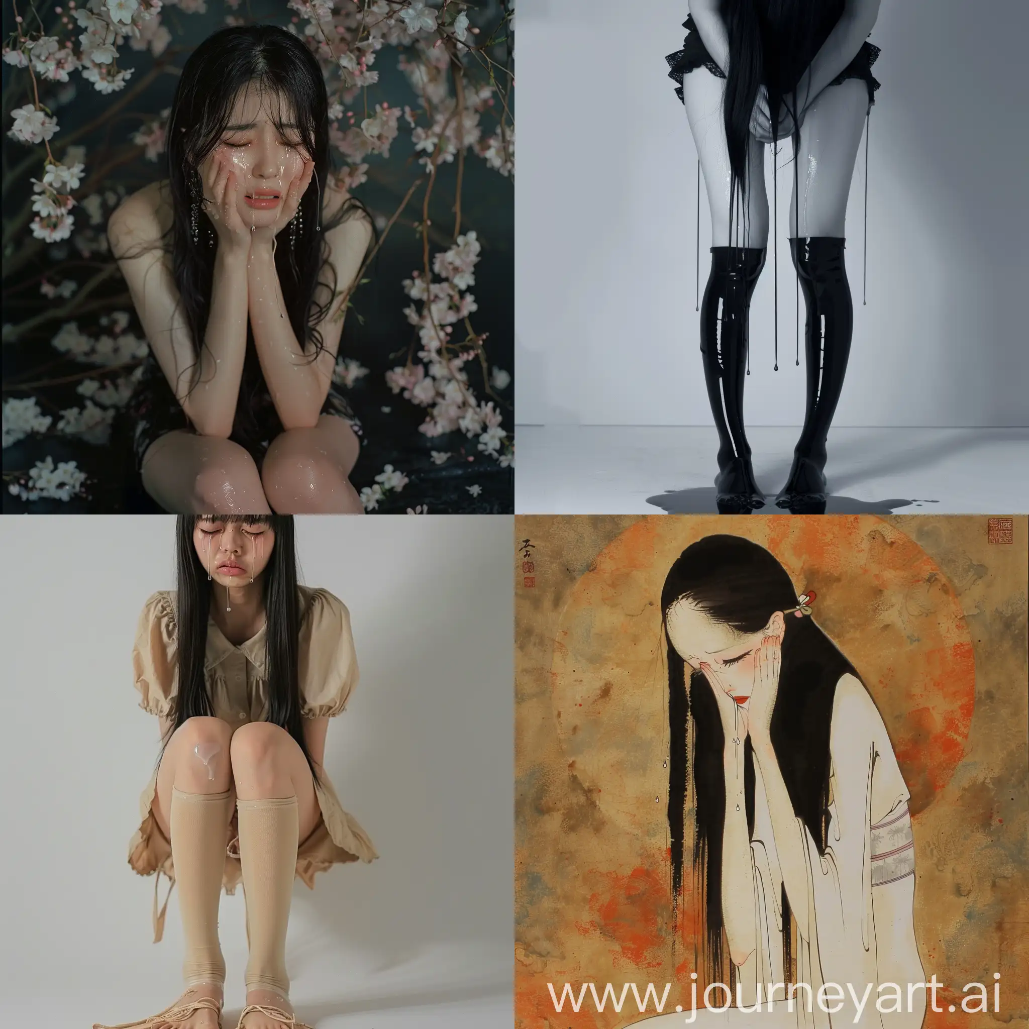skinny long legged japanese beauty crying in tears