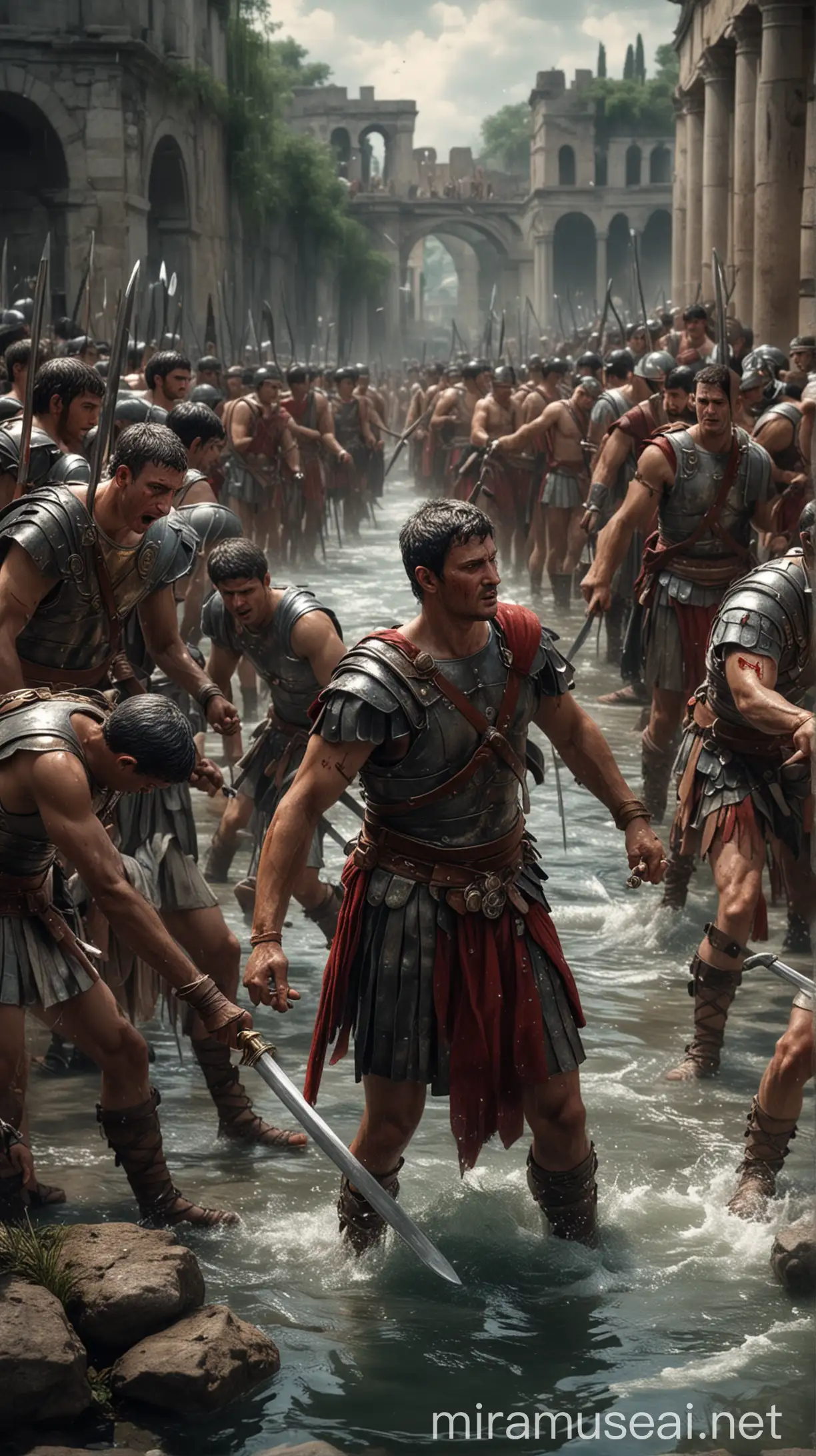 Roman soldiers stabbing the water with their swords while Caligula watches. hyper realistic