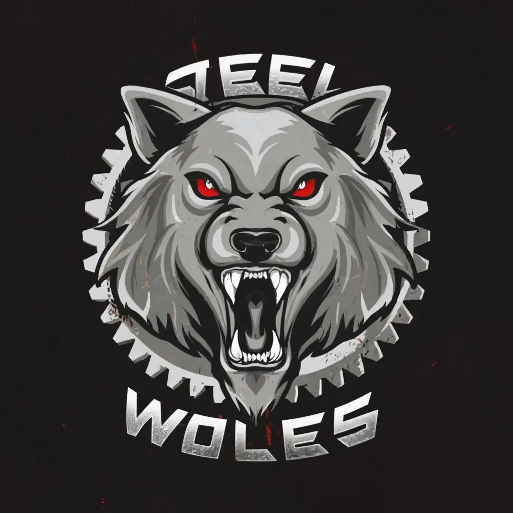 a logo design,with the text "Steel Wolves", main symbol:The head of the wolf and the gear around,Moderate,clear background