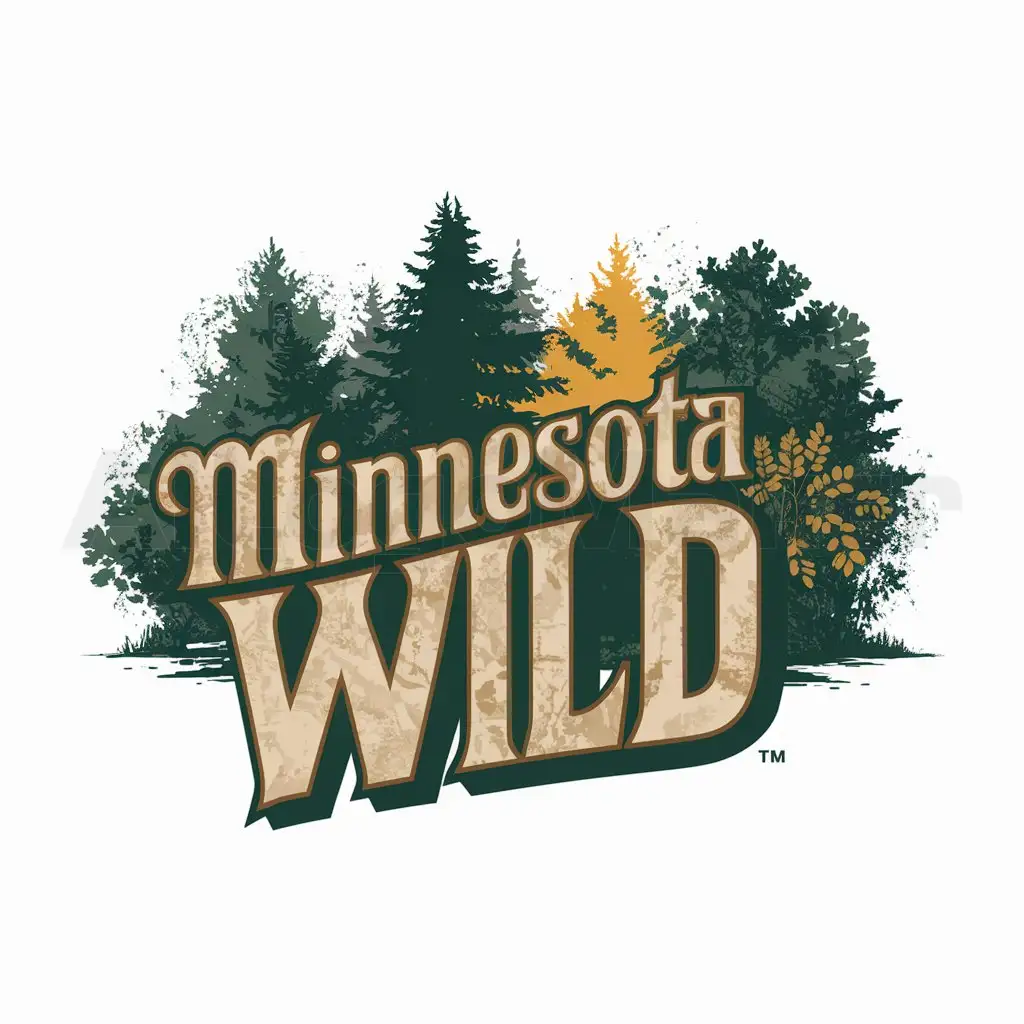 a logo design,with the text "Minnesota Wild", main symbol:The Wordmark 'Minnesota Wild' in a wild font and in green, yellow, red and beige text with a forest behind the wordmark,Moderate,clear background
