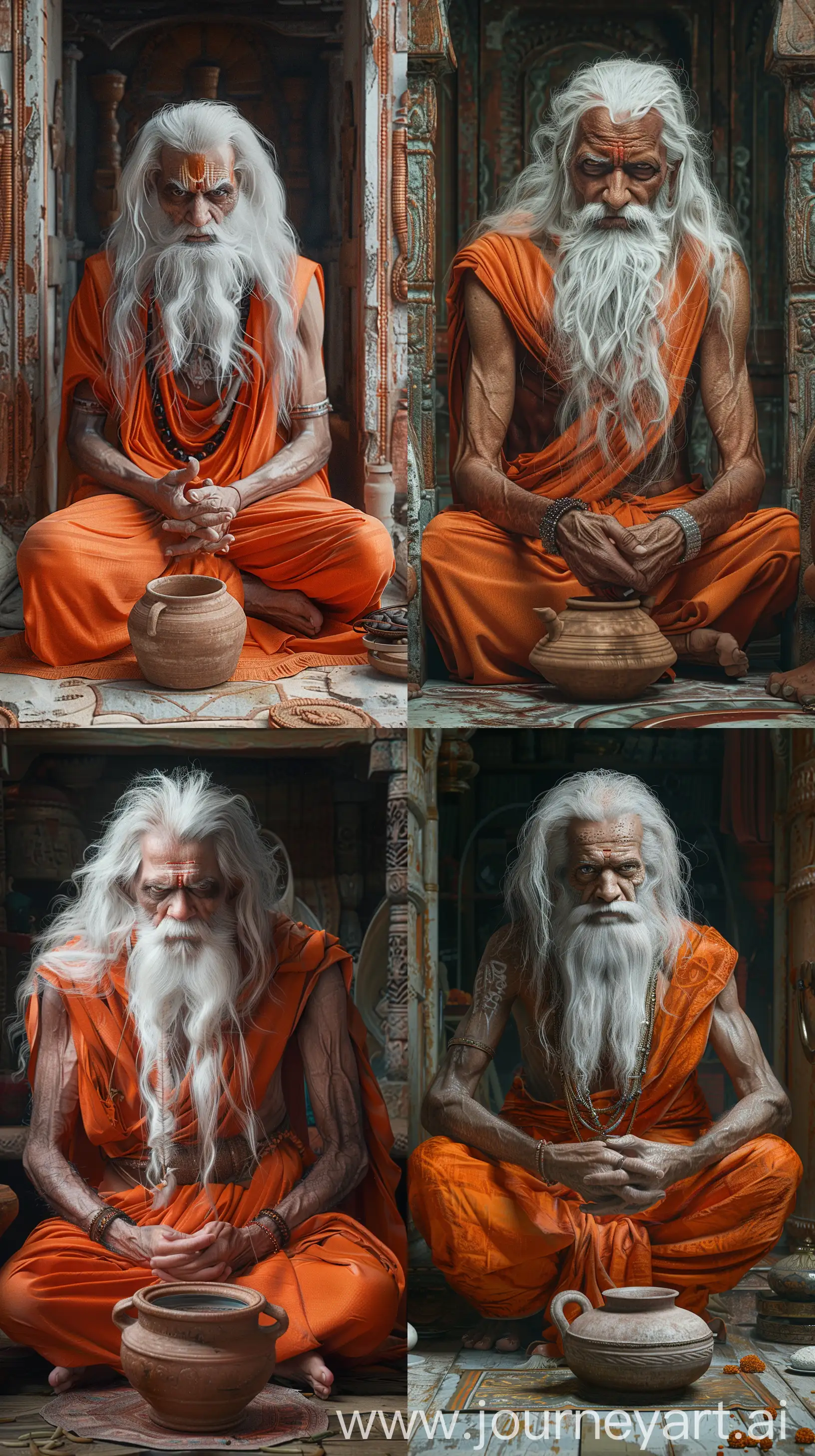 Hyper realistic image of an Indian sage, slim, in orange attire, with white long hair and beard, angry expression on his face, seated with his hands folded on the floor, inside his house, a earthen water pot is put in front of him, intricate details 8k image --s 200 --ar 9:16 --v 6