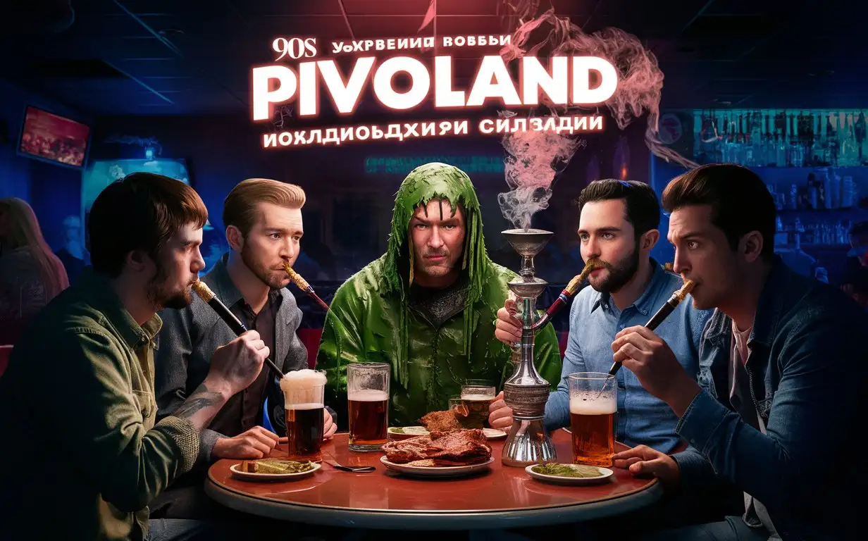 Сделай превью для фильма с названием ''Пиволэнд'' и что бы было видно самое название на русском языке в стиле 90-х. Так же добавь пять мужчин которые сидят за столом и пьют пиво с шашлыком, так же курят кальян. Один из мужчин должен быть в болотной тине.