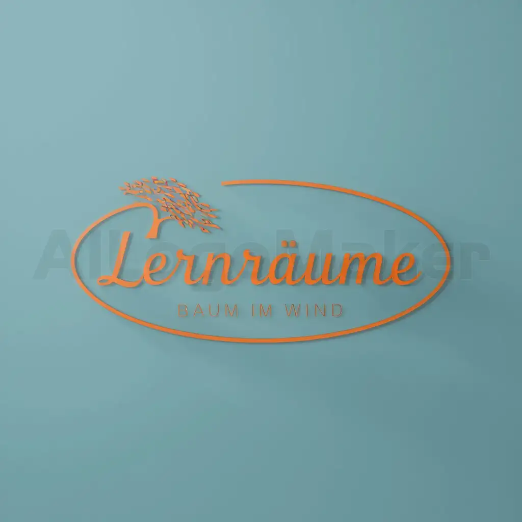 a logo design,with the text "LernRäume", main symbol:Oval, links Baum im Wind, türkis, Schrift orange,Minimalistic,clear background