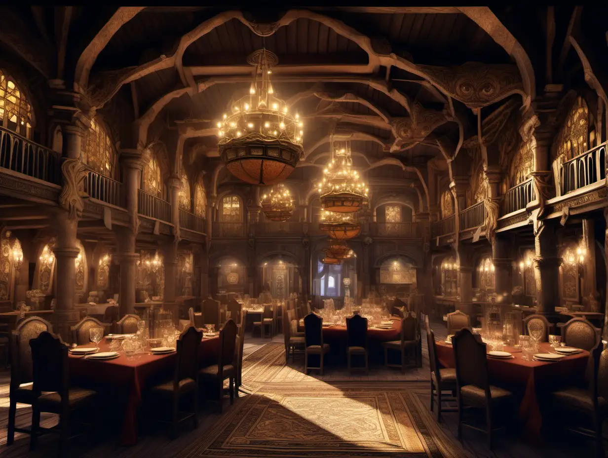 An image of a high class tavern in a medieval fantasy setting, The building itself is an architectural masterpiece, adorned with intricate carvings, rich tapestries, and glittering chandeliers that cast an ethereal glow throughout the space. In a detailed fantasy style 
