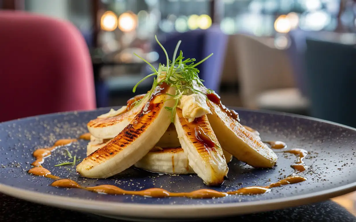 A plate of grilled banana ,BBQ,mouthwatering and enticing presentation, Very real colors and comfortable light.Looks like it's in a fancy restaurant