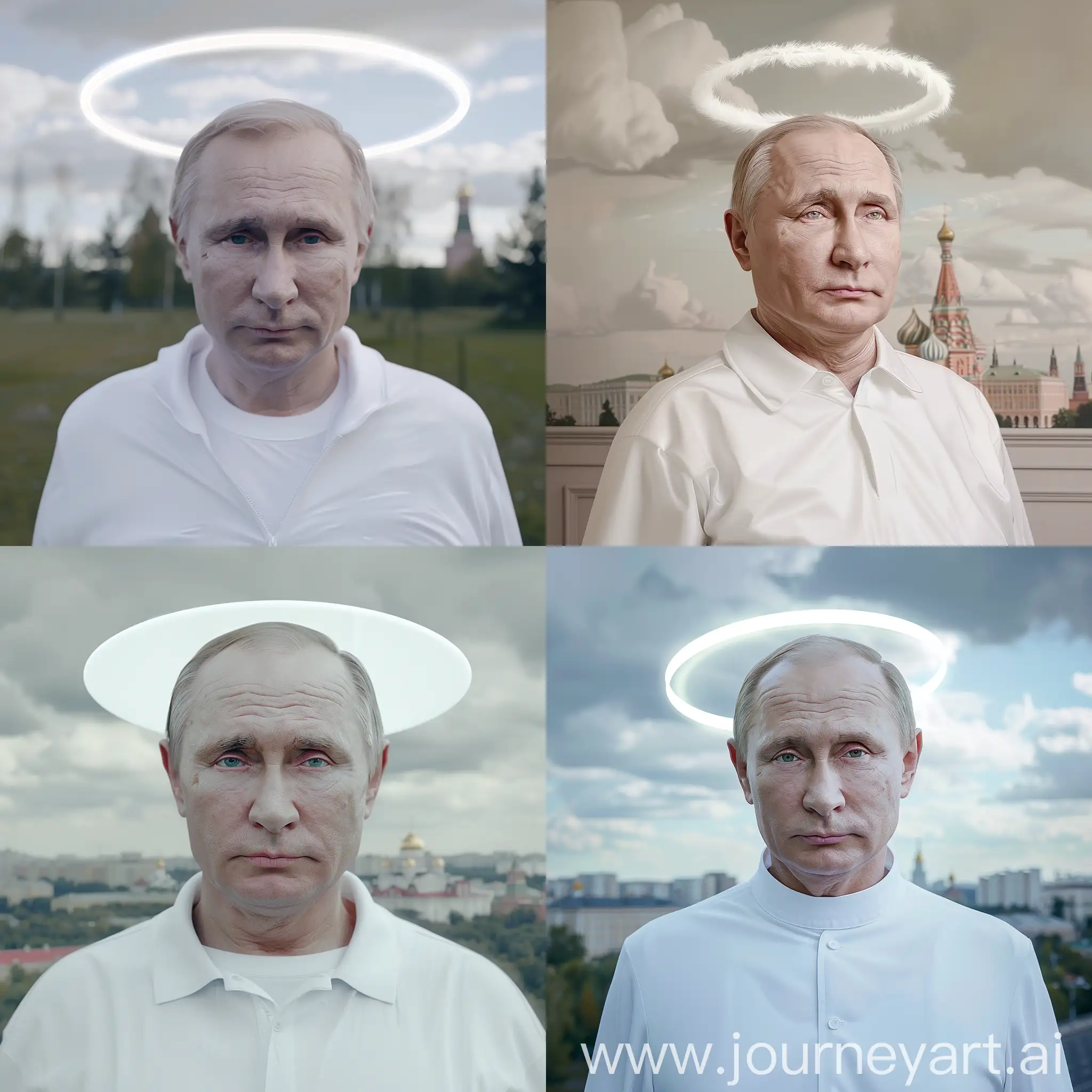 Владимир Путин в белой одежде образ бога, белый нимб над головой, задний фон москва, 8к, гипер реализм. максимум деталей, крупный план, острый фокус