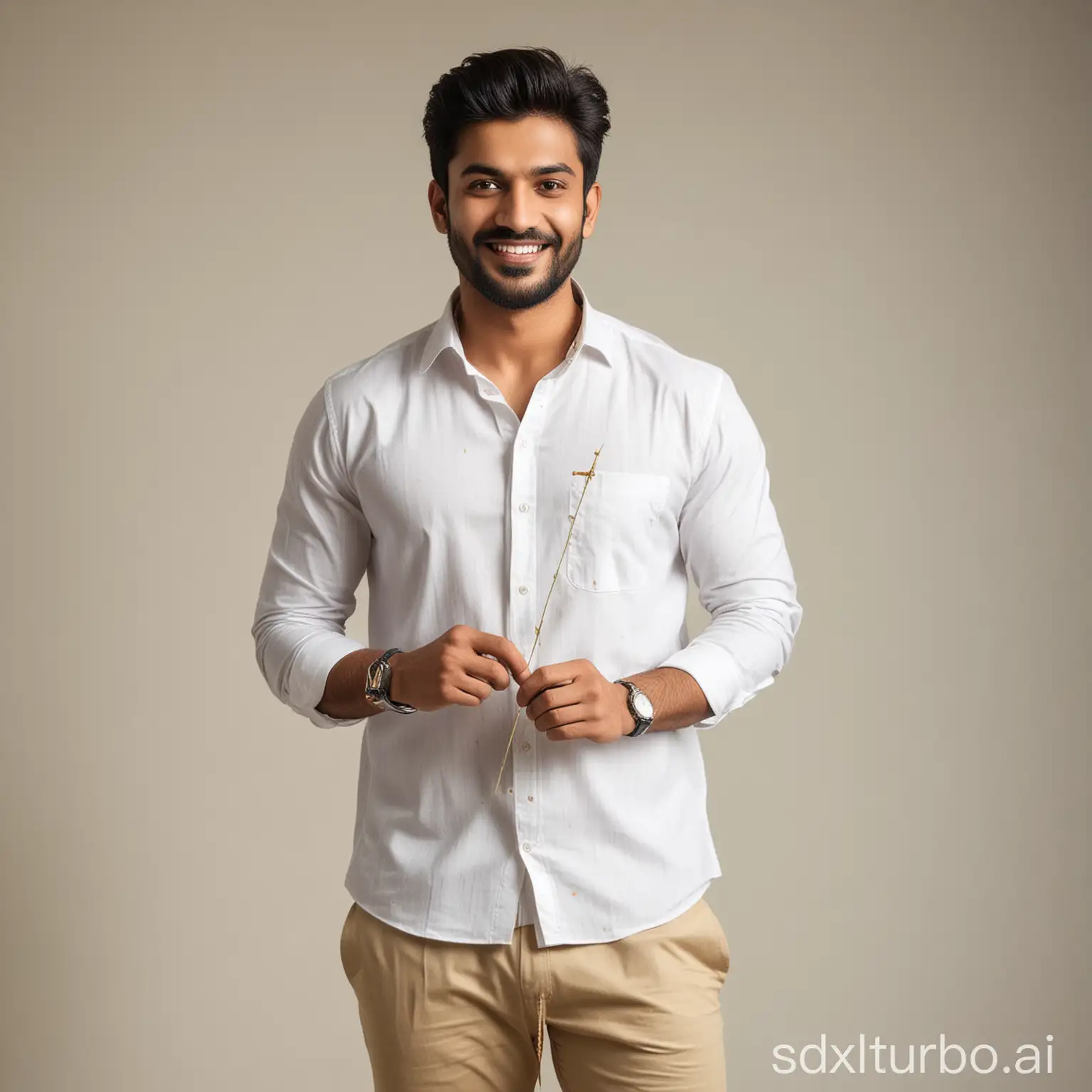 25 years old indian handsome man wearing shirt and pant, holding three golden needles, smiling face, in a hospital