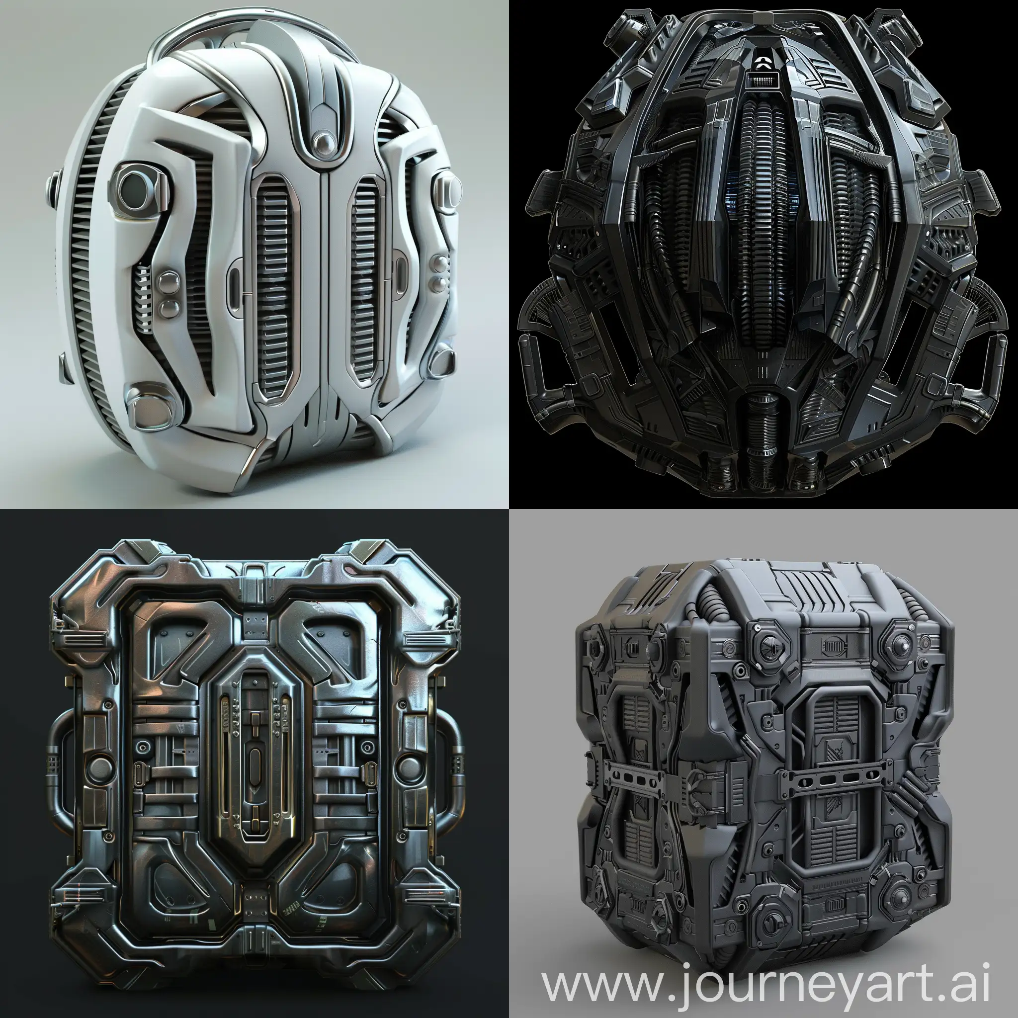 alien box, complex asymmetrical shape, segmentation, protruding ribs, the middle parts of the faces are pressed inside, movable parts, handles and buttons of different shapes, high detail, techno style