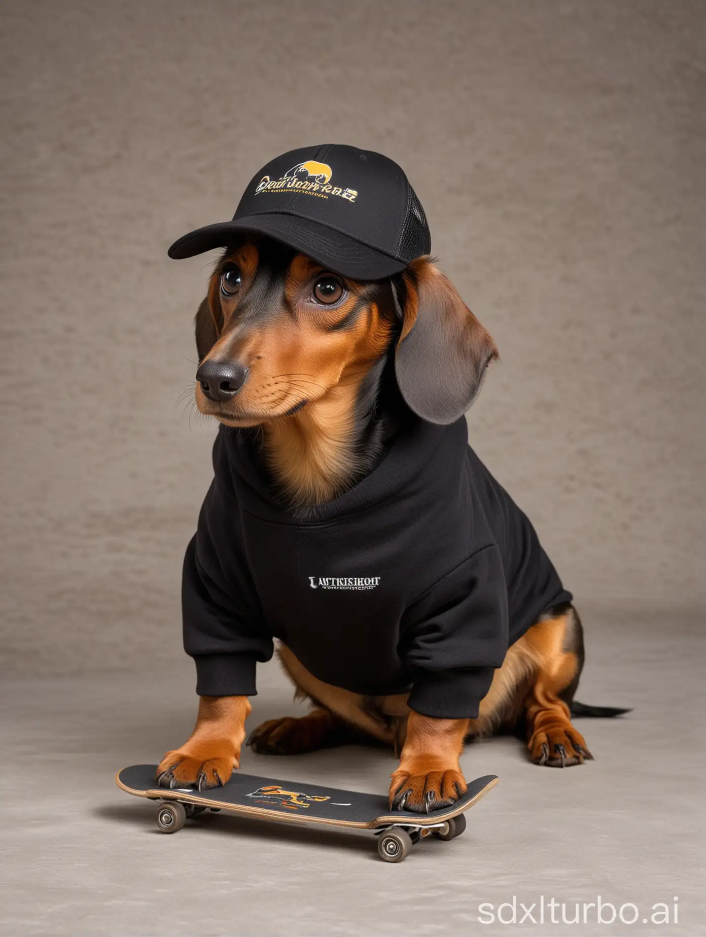 Dachshund dog with a trucker cap and with a black sweatshirt with skateboard logo