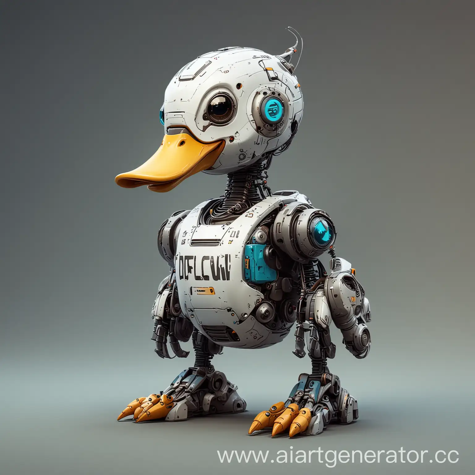 Futuristic alien duck robot painted in 2D with the inscription DFlow
