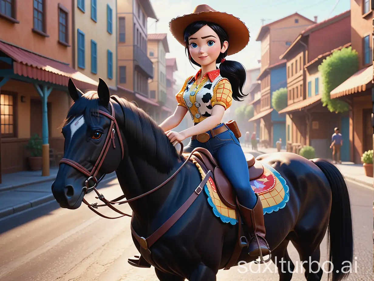 A 9999999999999999999k 3D ray traced cartoon render of Jessie from Toy Story 2 riding a horse, she is a 21-year-old Caucasian woman with long parted black hair and blue eyes, Kazuo Umezu style, inspired by Atsushi Kaneko, using Cinema 4D, 999 Centillion resolution, gel lighting, visually rich, elegant, stunning, gorgeous, intricate details, highest detail, highest quality, smooth, epic, cinematic, perfect, Comfy UI, Behance winner, octane 5 render, masterpiece, Inferno, Glass and Steel, supersampling, CGI Noir, Glowwave, high-quality caustics, accurate color grading, ray-marched volumetrics, multi-pass rendering, ARRI ALEXA Mini LF, ARRI Signature Prime 990000000000000000000000000000000000000000000mm f/1.8-2L, 3D render, ar 4:3