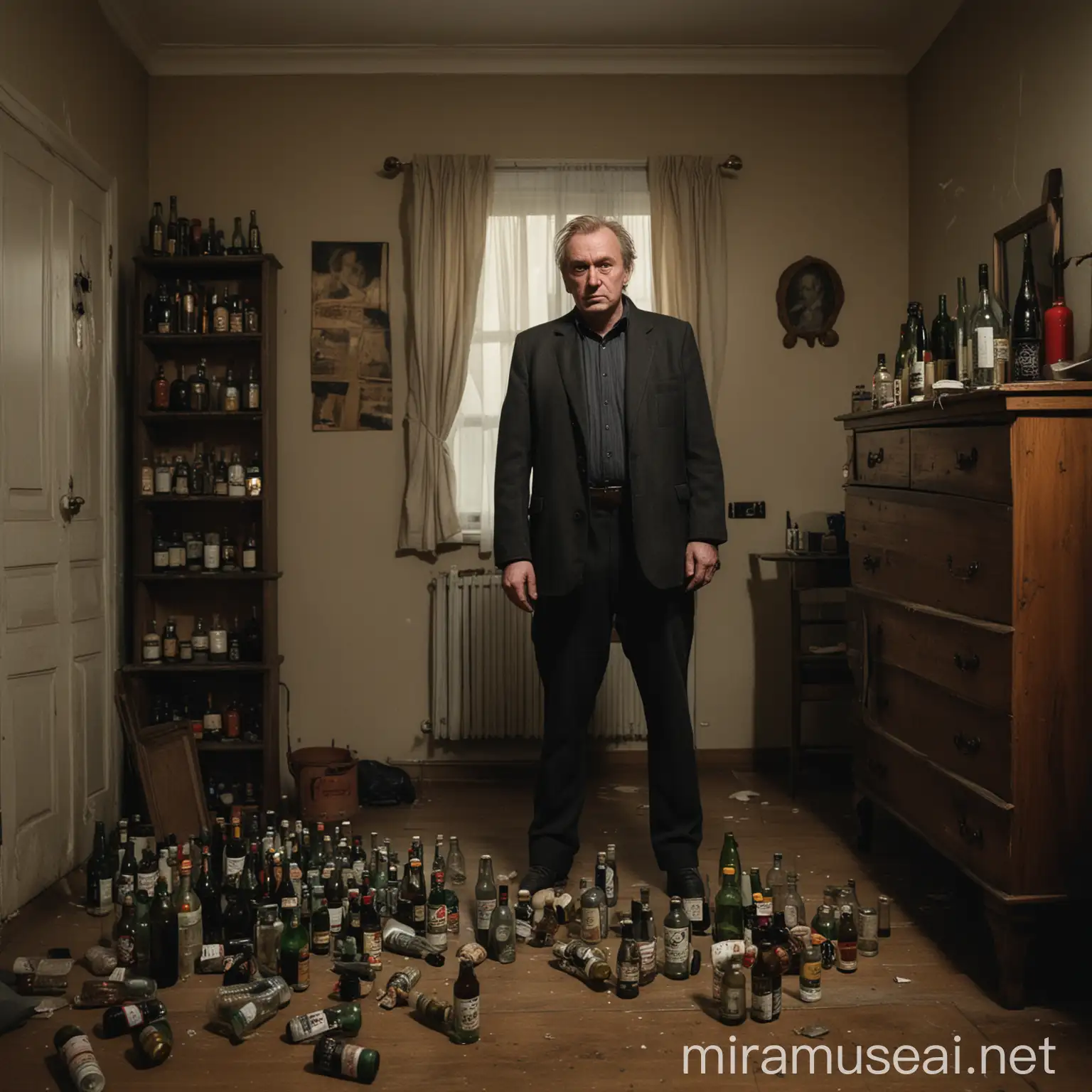 A medium shot of the infamous German serial killer Fritz Honka, standing in a grimy, dimly lit apartment cluttered with old furniture and a couple of empty bottles, with a clearly visible unsettling and sinister expression, his head straight and not tilted, under harsh light, during a late evening, shot with a Nikon Z7 II, 85mm f/1.2 lens, colorized with muted and gritty tones