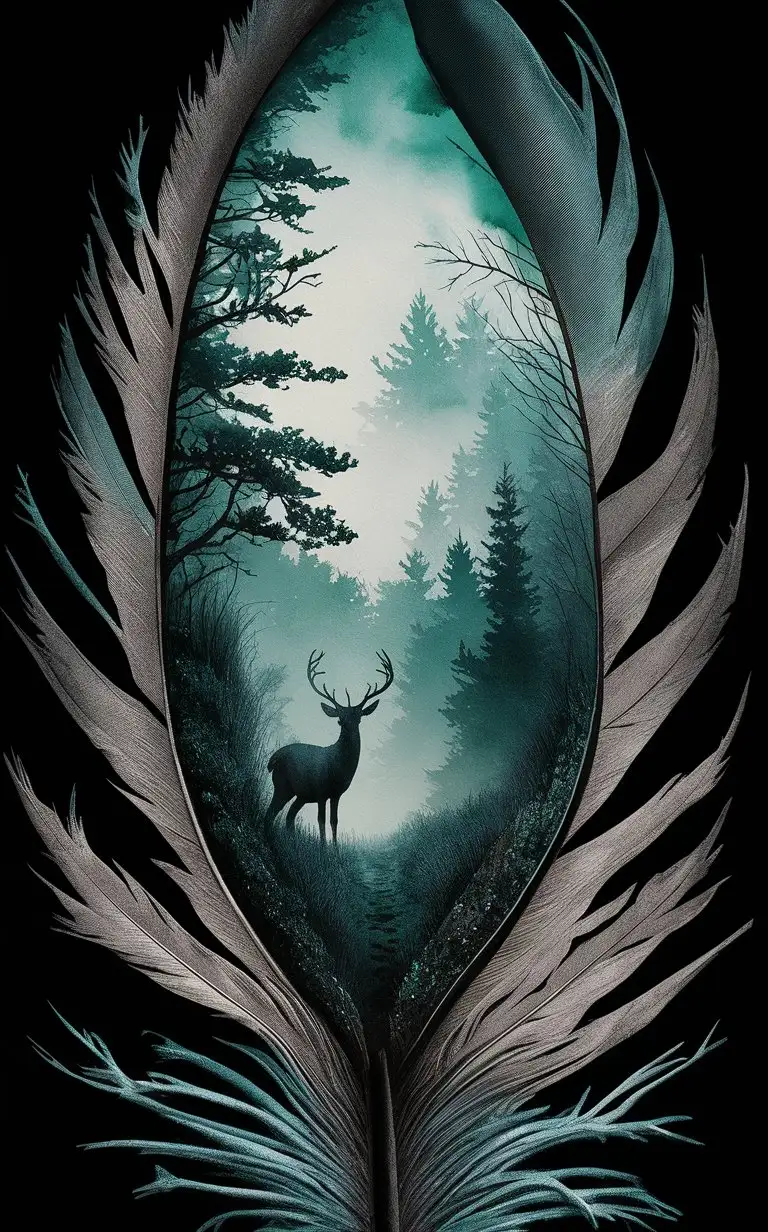 A mesmerizing and intricate artwork featuring a feather that captures the essence of nature. The feather's center is adorned with a stunning watercolor landscape depicting a foggy forest. Majestic pine trees rise above the mist, their branches intertwined, and at the forest's base, a silhouette of a deer stands, gazing intently into the distance. The color palette predominantly features cool tones, with shades of green and teal dominating the scene, creating a soothing atmosphere. The sharp and jagged edges of the feather contrast with the soft blending of the background, resulting in a visually striking piece that captures the viewer's attention.Less
