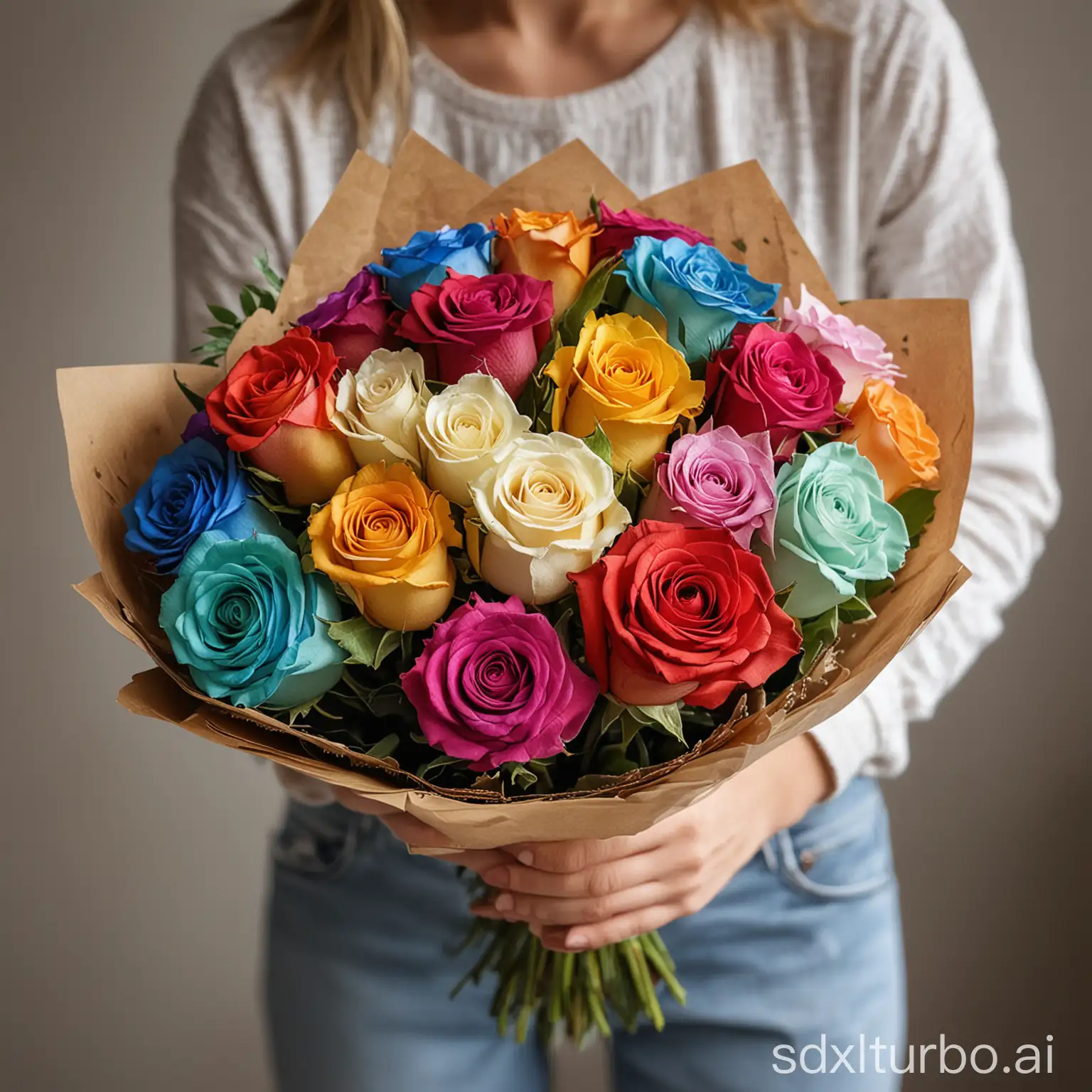 holds a bouquet of multicolored roses