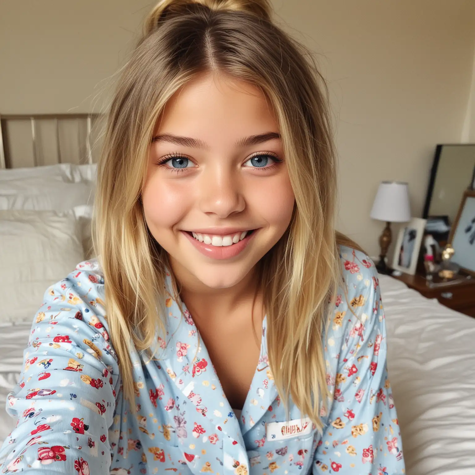 Adorable Blonde French Teen in Cute Pajamas Walking Selfie