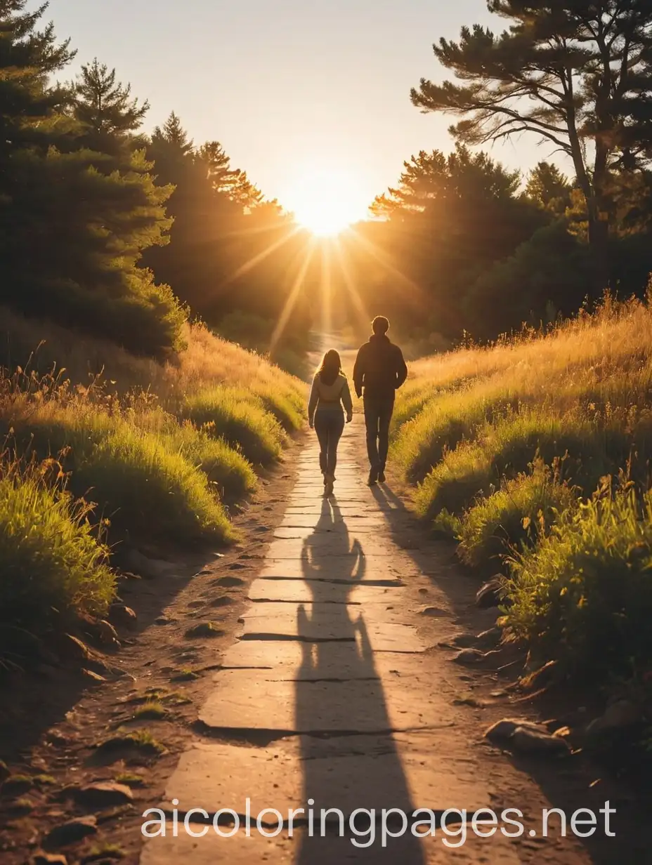 a person walking down a path with the sun shining behind them royalty images and stock photos, walking, silhouette, person, outdoor, walking, outdoor, stock photos, outdoor, image, outdoor,, Ada Hill Walker, art photography, cinematic photography, a stock photo, Coloring Page, black and white, line art, white background, Simplicity, Ample White Space. The background of the coloring page is plain white to make it easy for young children to color within the lines. The outlines of all the subjects are easy to distinguish, making it simple for kids to color without too much difficulty