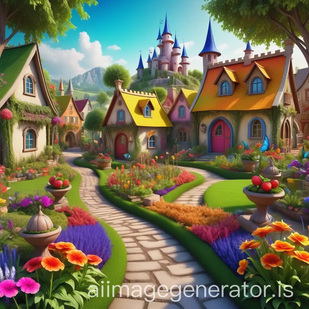 Fairy tale style. A beautiful colorful garden. Beautiful village in the background. Hyper-real.
