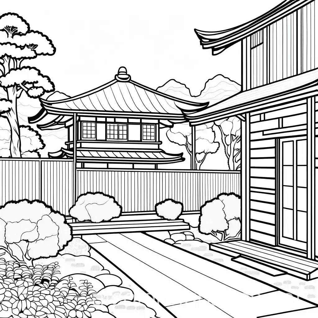 Simple Japan home, Coloring Page, black and white, bold marker thick line, no shadings, white background, Simplicity, Ample White Space. The background of the coloring page is plain white. The outlines of all the subjects are easy to distinguish., Coloring Page, black and white, line art, white background, Simplicity, Ample White Space. The background of the coloring page is plain white to make it easy for young children to color within the lines. The outlines of all the subjects are easy to distinguish, making it simple for kids to color without too much difficulty