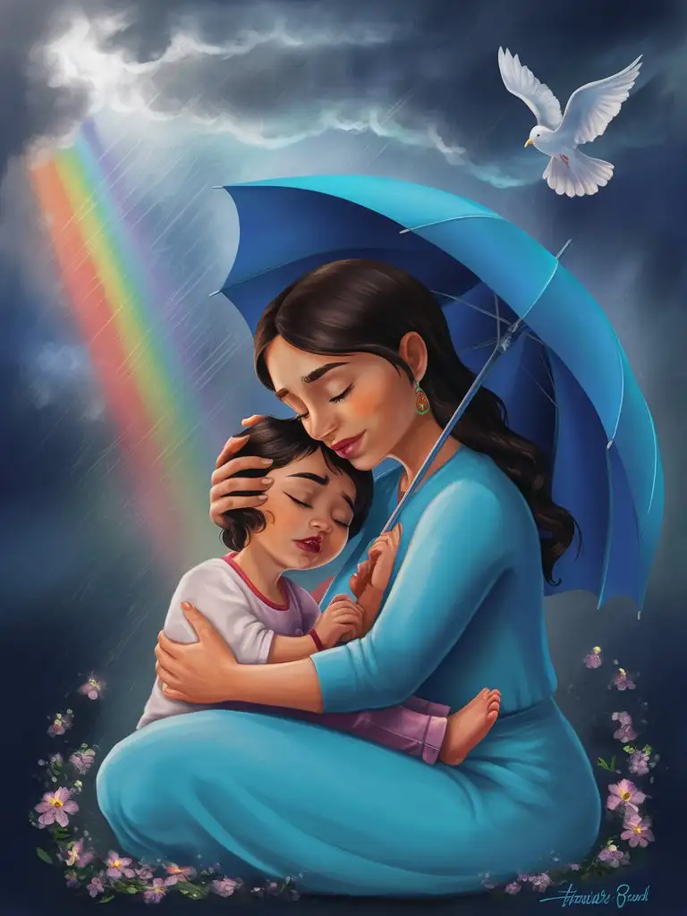 heartwarming, digital painting depicting a beautiful, latina mother and her child seeking comfort by laying their head on their mothers lap, crying. while she holds a bright blue umbrella during a storm. Both figures are dressed in calming shades of blue, adding to the sense of unity and protection. Above them, a radiant rainbow shines through the turbulent clouds, symbolizing hope and resilience. A peaceful dove gracefully glides across the sky, bringing a feeling of tranquility and peace to the scene. The imagery of the blue hues, coupled with the symbols of hope and peace, creates a soothing and reassuring atmosphere in this touching moment of maternal love and solace. Add flowers on the ground.