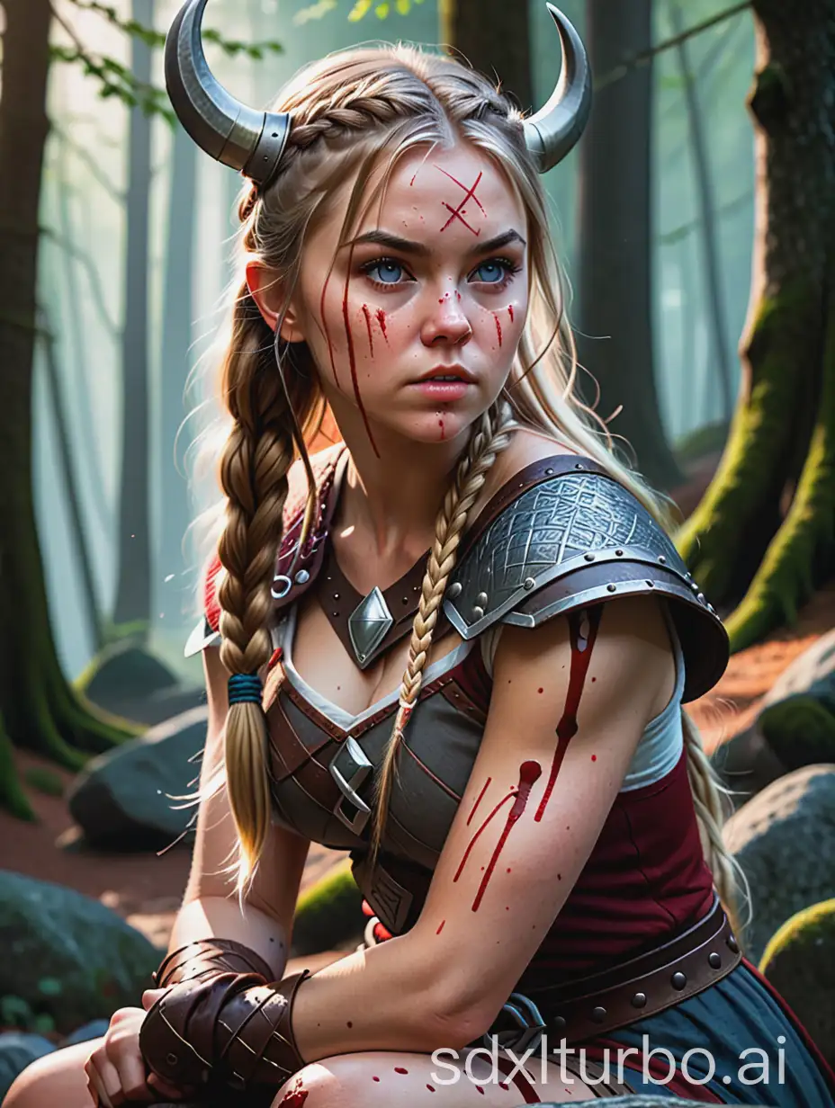 A highly detailed (((Viking girl))) with a lot of realistic ((blood)) smeared across her face and body, sitting on a rock in a (forest setting), sword in hand, looking directly at the viewer with a sense of intensity, captured using a (photo-realistic) style that emphasizes every detail, from advanced lighting techniques like diffused soft lighting and advanced color grading to hyperrealistic textures and contrast, all shot in a side view perspective with a shallow depth of field and sharp focus, creating an illusion of three-dimensional realism