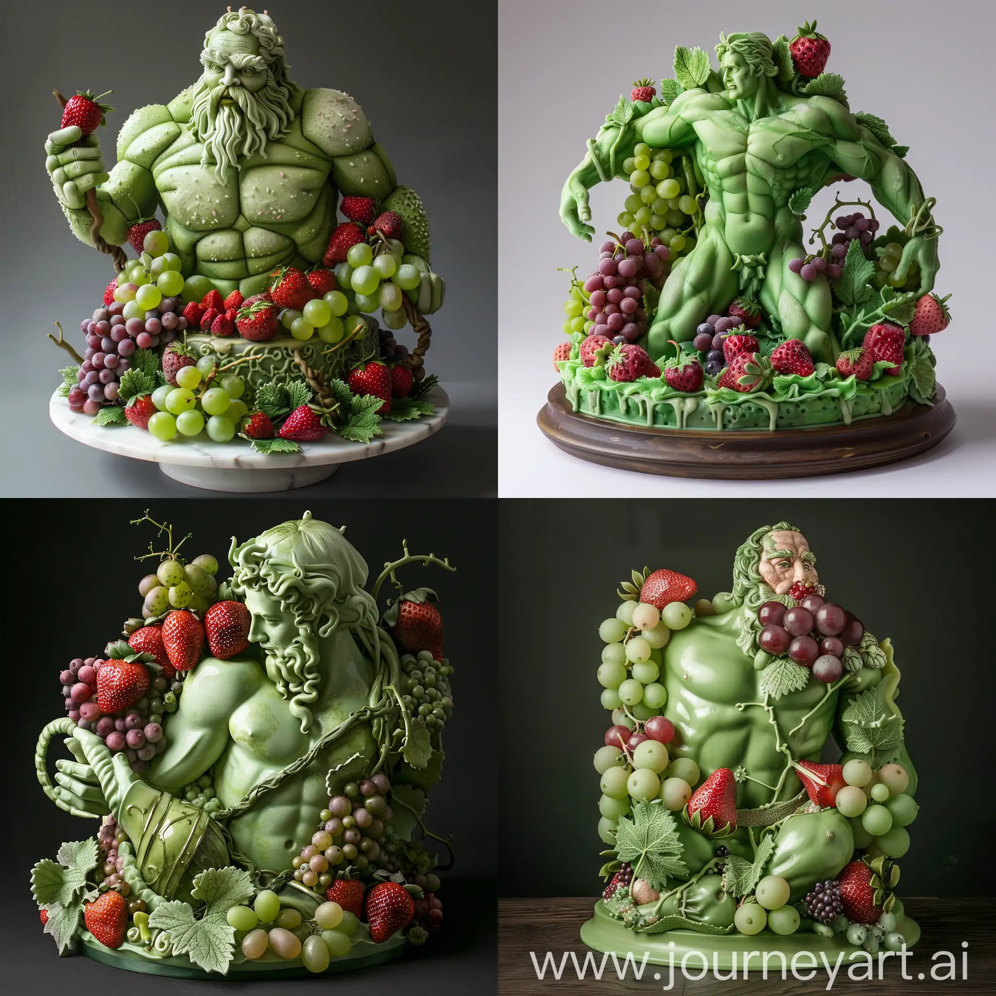 скульптура атланта в виде зеленого торта с клубникой, виноградом и другими ягодами